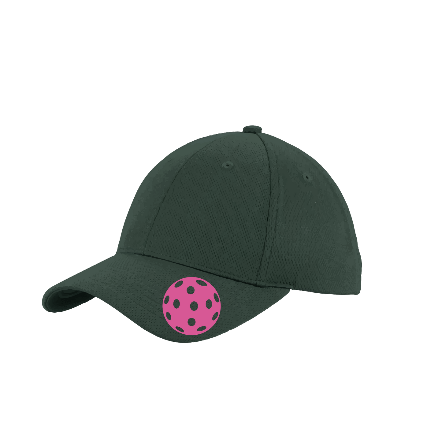 Pickleball Hat Design: Pink Ball  This fun pickleball hat is the perfect accessory for all pickleball players needing to keep their focus on the game and not the sun. The moisture-wicking material is made of 100% polyester with closed-hole flat back mesh and PosiCharge Technology. The back closure is a hock and loop style made to adjust to every adult.