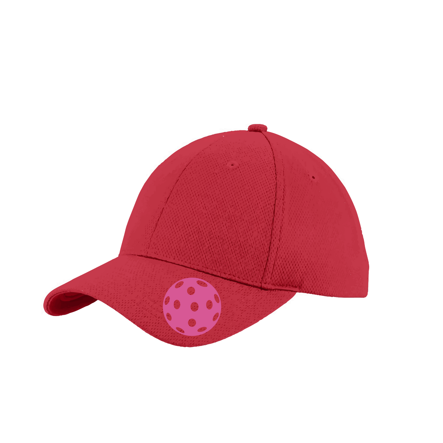 Pickleball Hat Design: Pink Ball  This fun pickleball hat is the perfect accessory for all pickleball players needing to keep their focus on the game and not the sun. The moisture-wicking material is made of 100% polyester with closed-hole flat back mesh and PosiCharge Technology. The back closure is a hock and loop style made to adjust to every adult.