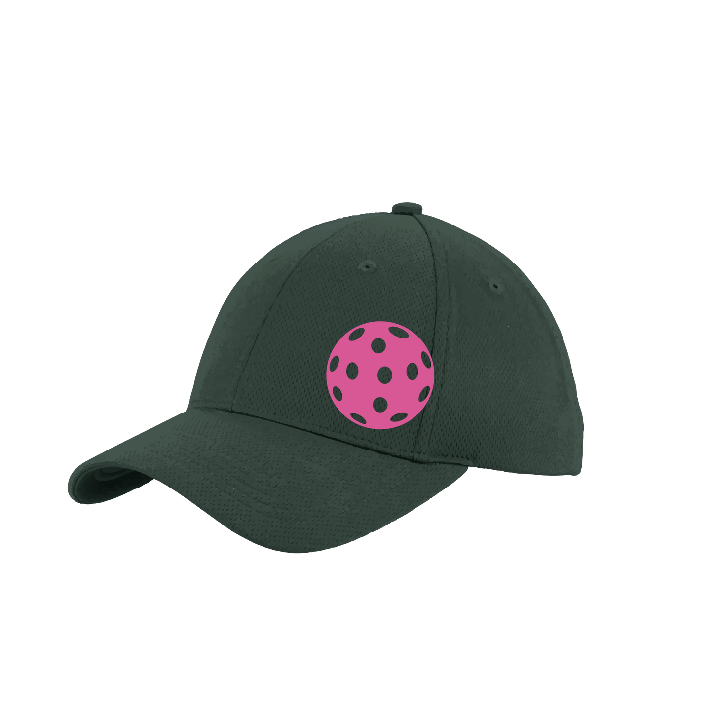 Pickleball Hat Design: Pink Ball  This fun pickleball hat is the perfect accessory for all pickleball players needing to keep their focus on the game and not the sun. The moisture-wicking material is made of 100% polyester with closed-hole flat back mesh and PosiCharge Technology. The back closure is a hock and loop style made to adjust to every adult.