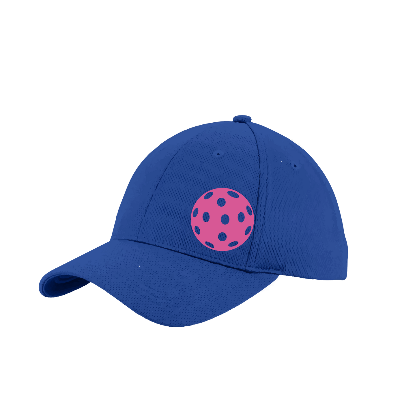 Pickleball Hat Design: Pink Ball  This fun pickleball hat is the perfect accessory for all pickleball players needing to keep their focus on the game and not the sun. The moisture-wicking material is made of 100% polyester with closed-hole flat back mesh and PosiCharge Technology. The back closure is a hock and loop style made to adjust to every adult.