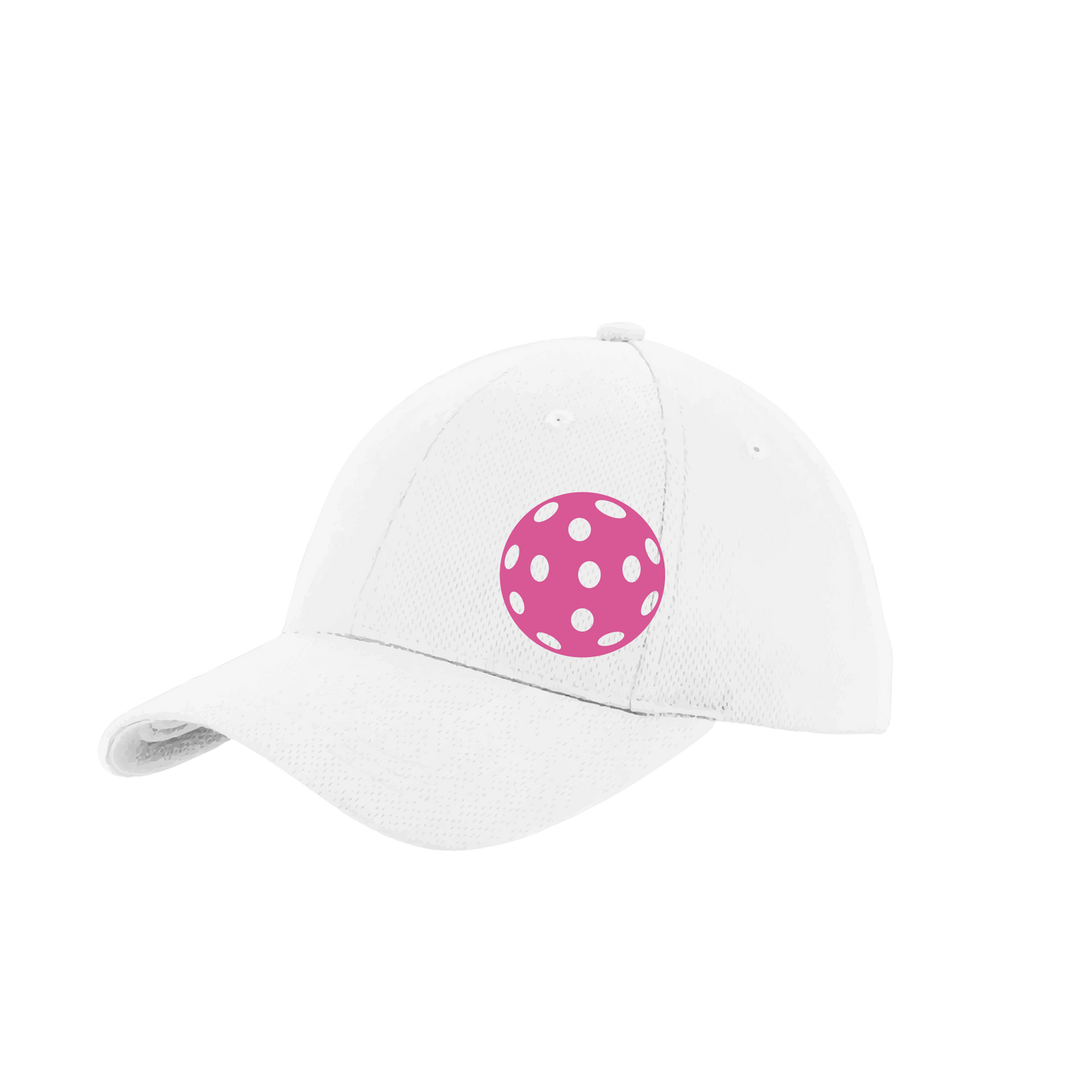 Pickleball Hat Design: Pink Ball  This fun pickleball hat is the perfect accessory for all pickleball players needing to keep their focus on the game and not the sun. The moisture-wicking material is made of 100% polyester with closed-hole flat back mesh and PosiCharge Technology. The back closure is a hock and loop style made to adjust to every adult.