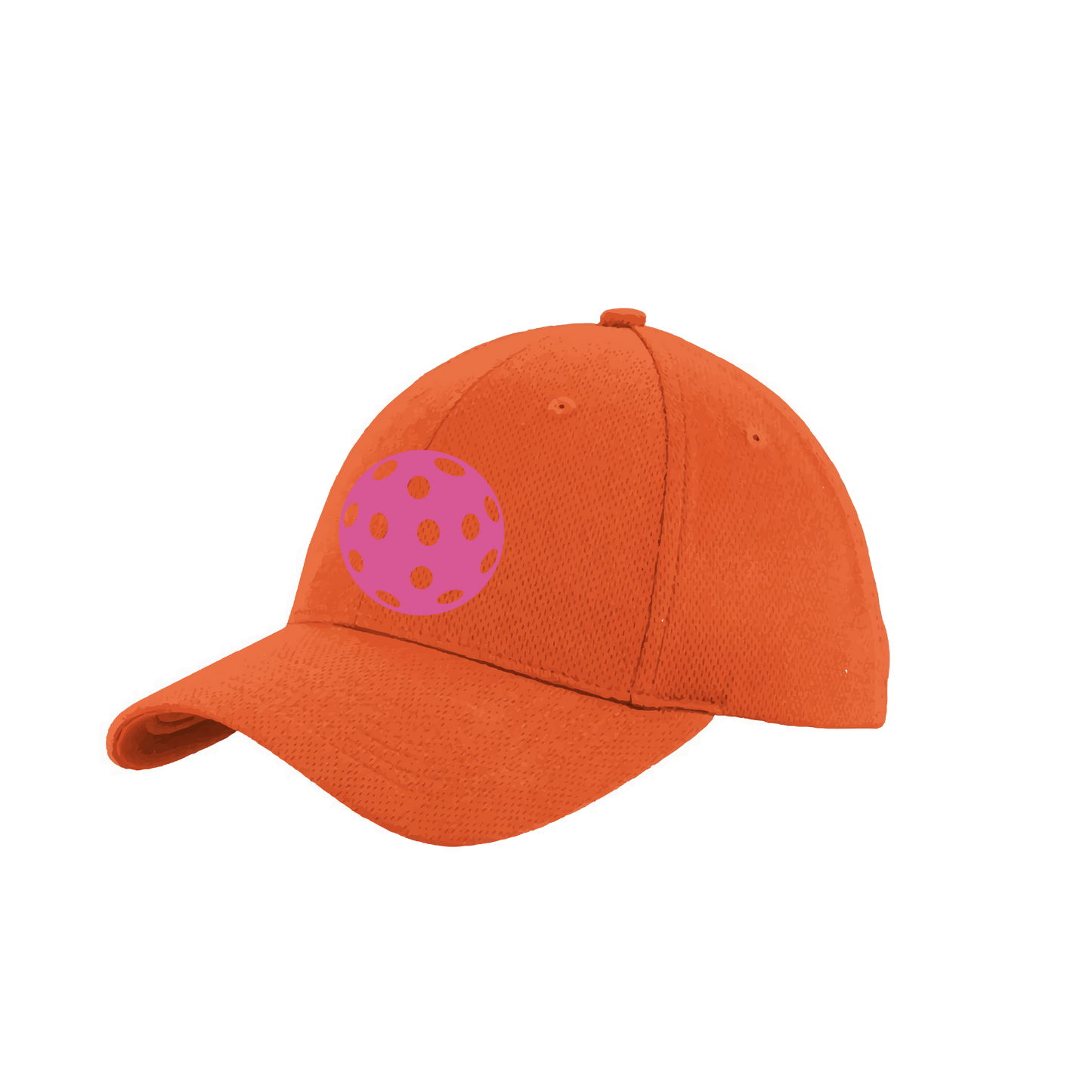 Pickleball Hat Design: Pink Ball  This fun pickleball hat is the perfect accessory for all pickleball players needing to keep their focus on the game and not the sun. The moisture-wicking material is made of 100% polyester with closed-hole flat back mesh and PosiCharge Technology. The back closure is a hock and loop style made to adjust to every adult.