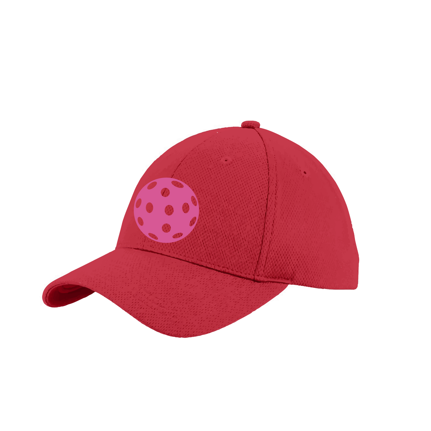 Pickleball Hat Design: Pink Ball  This fun pickleball hat is the perfect accessory for all pickleball players needing to keep their focus on the game and not the sun. The moisture-wicking material is made of 100% polyester with closed-hole flat back mesh and PosiCharge Technology. The back closure is a hock and loop style made to adjust to every adult.