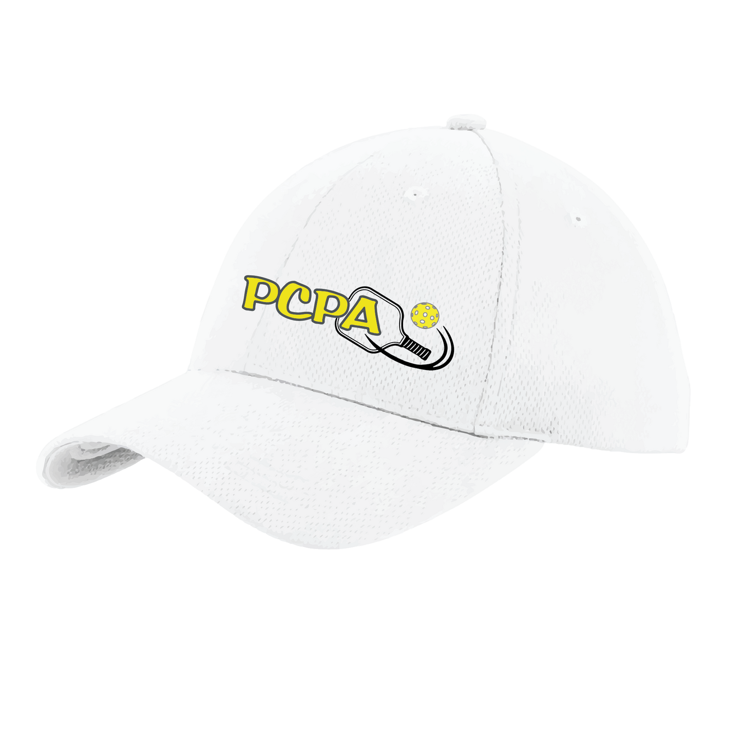 Pickleball Design: Pueblo County Pickleball Association (Black Design)  This fun pickleball hat is the perfect accessory for all pickleball players needing to keep their focus on the game and not the sun. The moisture-wicking material is made of 100% polyester with closed-hole flat back mesh and PosiCharge Technology. The back closure is a hock and loop style made to adjust to every adult.