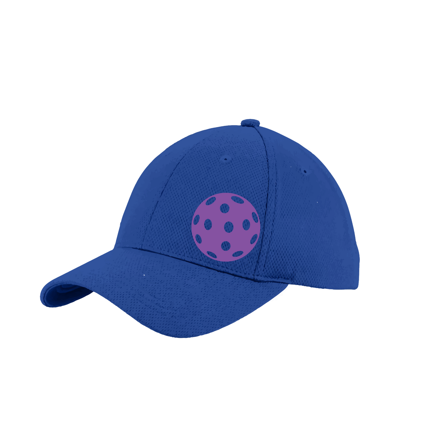 Pickleball Hat Design: Purple Ball  This fun pickleball hat is the perfect accessory for all pickleball players needing to keep their focus on the game and not the sun. The moisture-wicking material is made of 100% polyester with closed-hole flat back mesh and PosiCharge Technology. The back closure is a hock and loop style made to adjust to every adult.