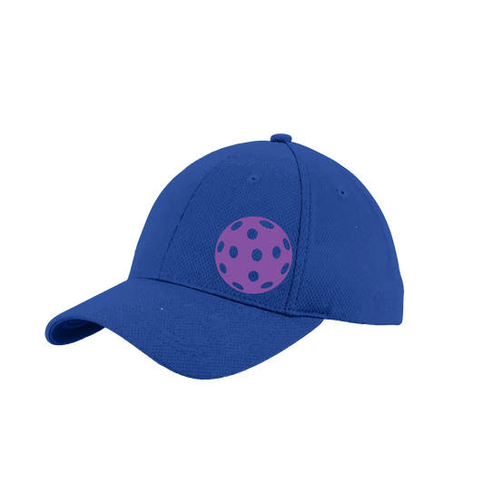 Pickleball Hat Design: Purple Ball  This fun pickleball hat is the perfect accessory for all pickleball players needing to keep their focus on the game and not the sun. The moisture-wicking material is made of 100% polyester with closed-hole flat back mesh and PosiCharge Technology. The back closure is a hock and loop style made to adjust to every adult.
