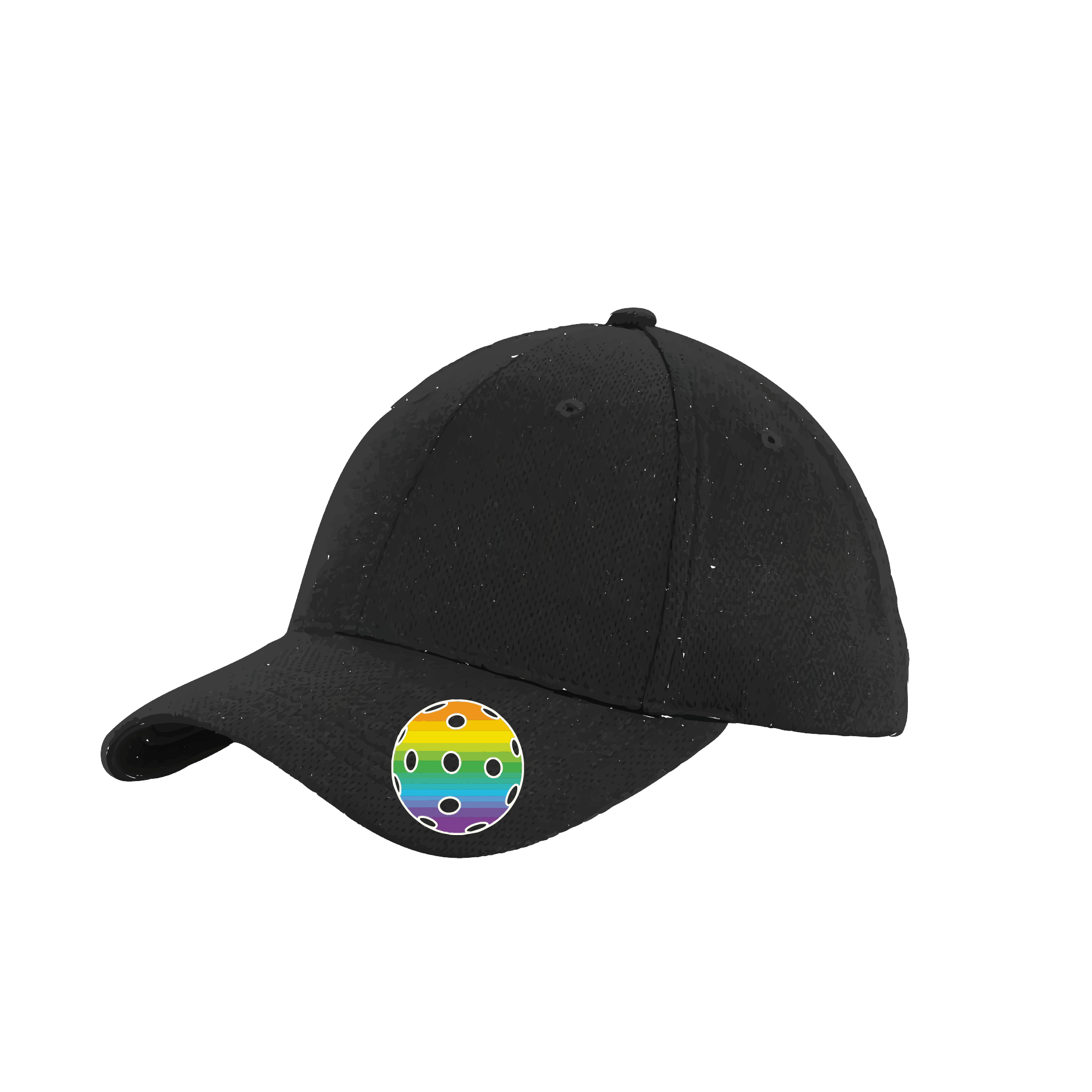 Pickleball Hat Design: Rainbow Ball  This fun pickleball hat is the perfect accessory for all pickleball players needing to keep their focus on the game and not the sun. The moisture-wicking material is made of 100% polyester with closed-hole flat back mesh and PosiCharge Technology. The back closure is a hock and loop style made to adjust to every adult.