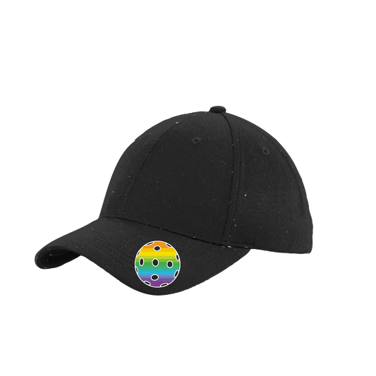 Pickleball Hat Design: Rainbow Ball  This fun pickleball hat is the perfect accessory for all pickleball players needing to keep their focus on the game and not the sun. The moisture-wicking material is made of 100% polyester with closed-hole flat back mesh and PosiCharge Technology. The back closure is a hock and loop style made to adjust to every adult.