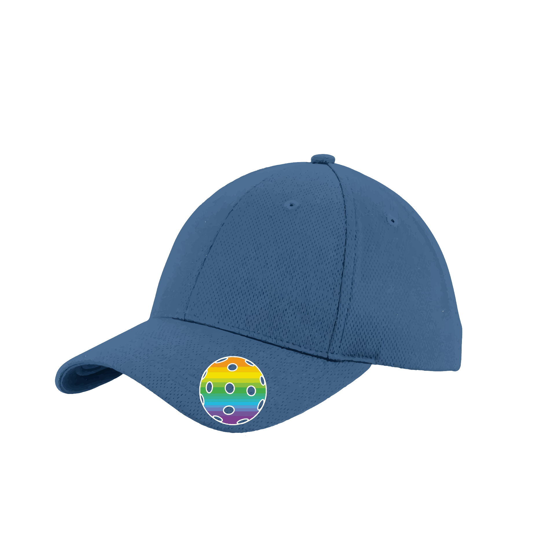 Pickleball Hat Design: Rainbow Ball  This fun pickleball hat is the perfect accessory for all pickleball players needing to keep their focus on the game and not the sun. The moisture-wicking material is made of 100% polyester with closed-hole flat back mesh and PosiCharge Technology. The back closure is a hock and loop style made to adjust to every adult.