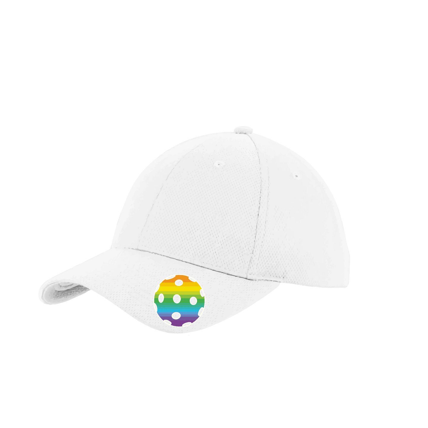 Pickleball Hat Design: Rainbow Ball  This fun pickleball hat is the perfect accessory for all pickleball players needing to keep their focus on the game and not the sun. The moisture-wicking material is made of 100% polyester with closed-hole flat back mesh and PosiCharge Technology. The back closure is a hock and loop style made to adjust to every adult.