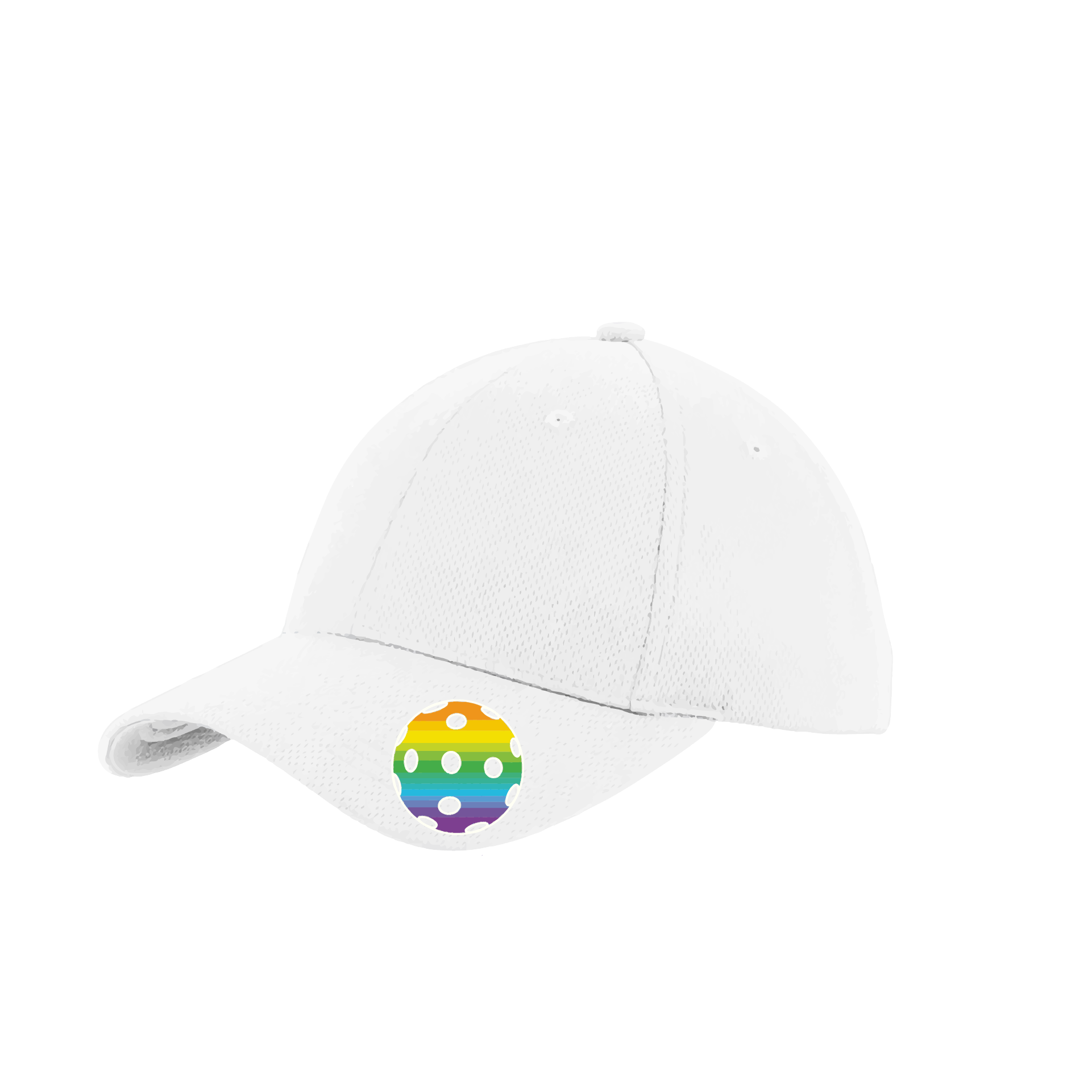 Pickleball Hat Design: Rainbow Ball  This fun pickleball hat is the perfect accessory for all pickleball players needing to keep their focus on the game and not the sun. The moisture-wicking material is made of 100% polyester with closed-hole flat back mesh and PosiCharge Technology. The back closure is a hock and loop style made to adjust to every adult.