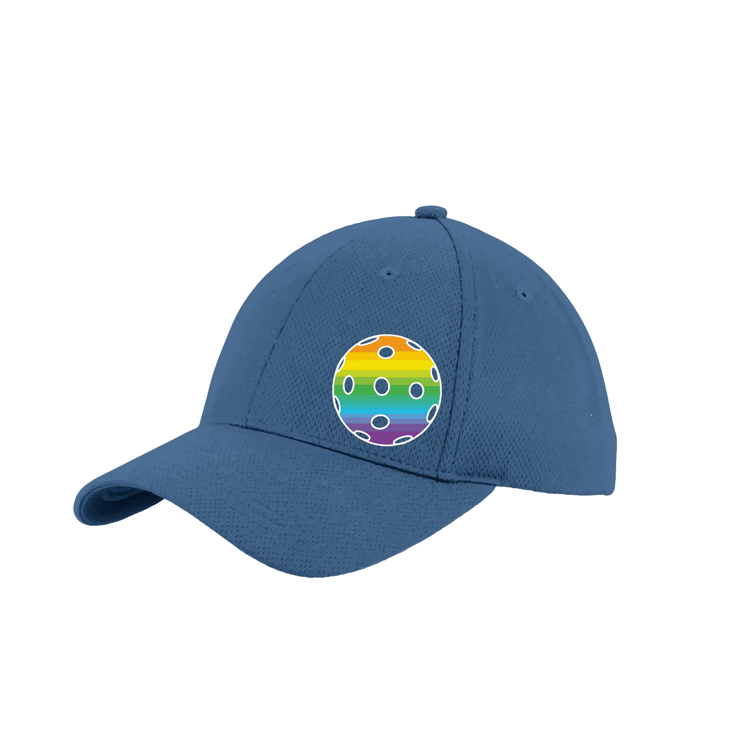 Pickleball Hat Design: Rainbow Ball  This fun pickleball hat is the perfect accessory for all pickleball players needing to keep their focus on the game and not the sun. The moisture-wicking material is made of 100% polyester with closed-hole flat back mesh and PosiCharge Technology. The back closure is a hock and loop style made to adjust to every adult.