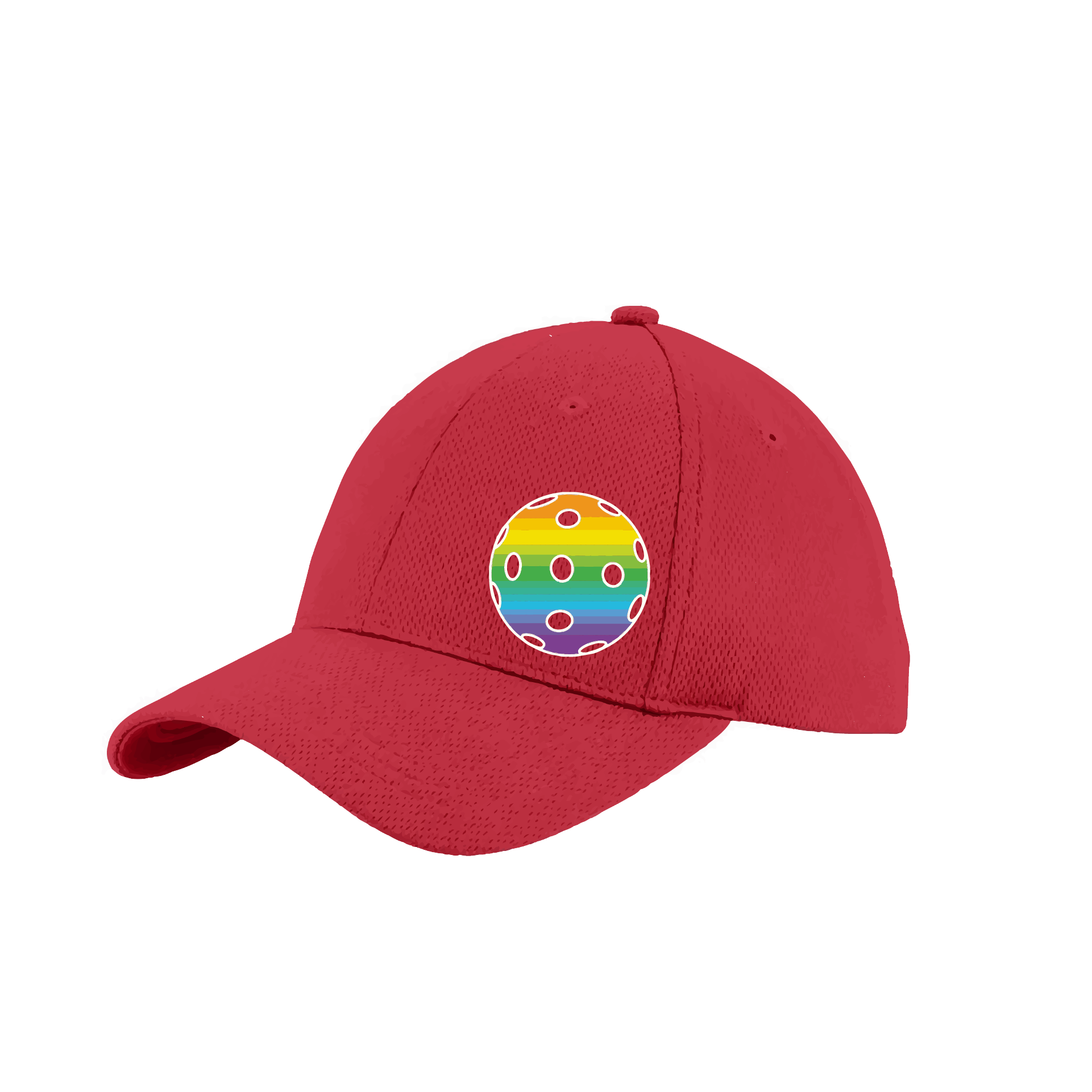 Pickleball Hat Design: Rainbow Ball  This fun pickleball hat is the perfect accessory for all pickleball players needing to keep their focus on the game and not the sun. The moisture-wicking material is made of 100% polyester with closed-hole flat back mesh and PosiCharge Technology. The back closure is a hock and loop style made to adjust to every adult.