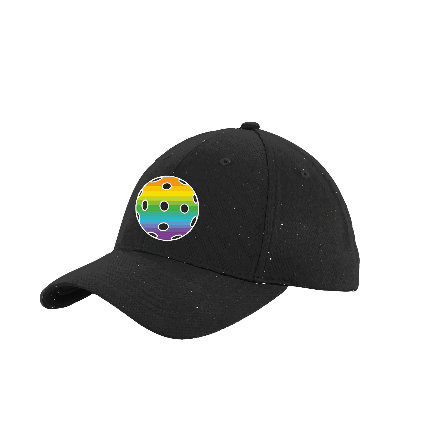 Pickleball Hat Design: Rainbow Ball  This fun pickleball hat is the perfect accessory for all pickleball players needing to keep their focus on the game and not the sun. The moisture-wicking material is made of 100% polyester with closed-hole flat back mesh and PosiCharge Technology. The back closure is a hock and loop style made to adjust to every adult.