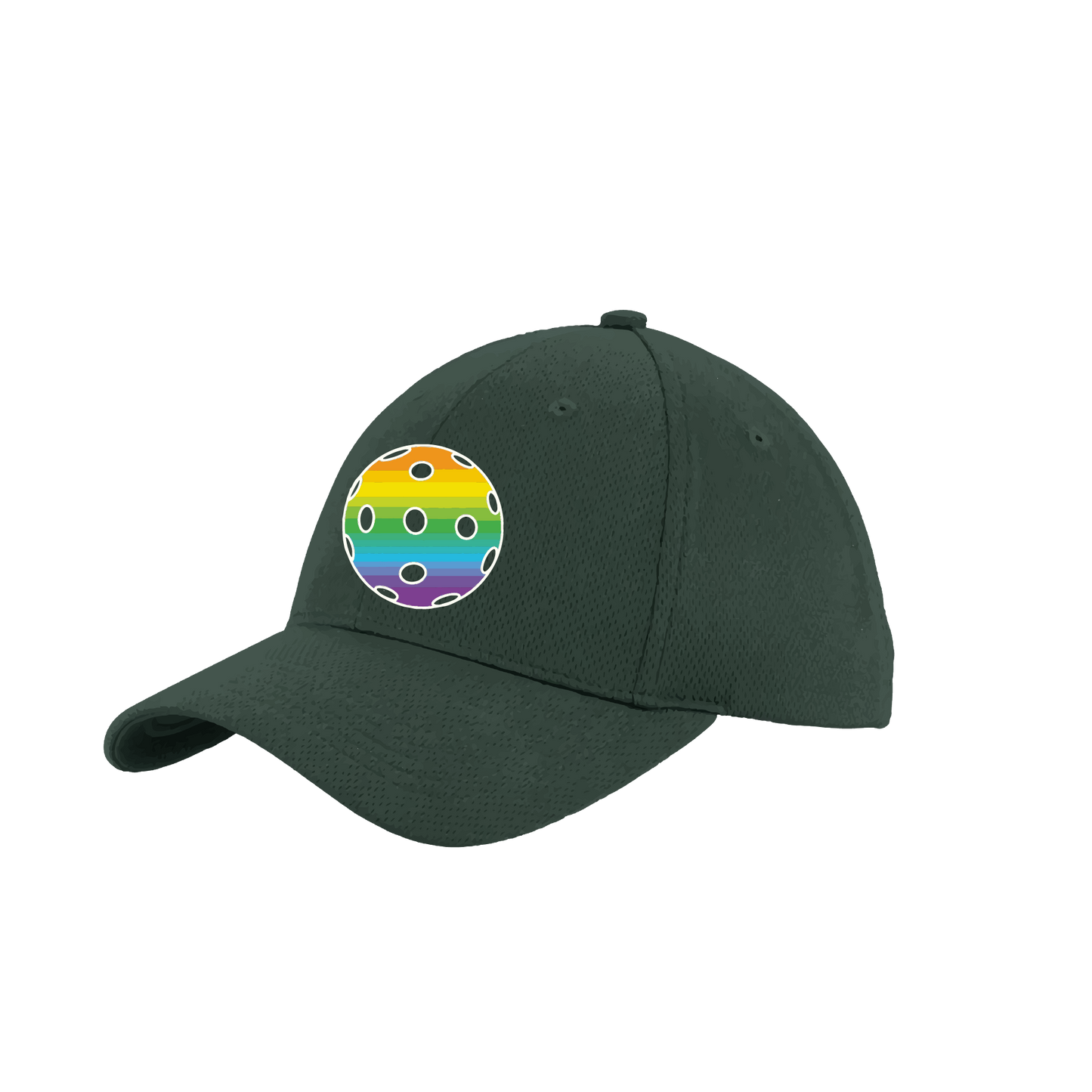 Pickleball Hat Design: Rainbow Ball  This fun pickleball hat is the perfect accessory for all pickleball players needing to keep their focus on the game and not the sun. The moisture-wicking material is made of 100% polyester with closed-hole flat back mesh and PosiCharge Technology. The back closure is a hock and loop style made to adjust to every adult.