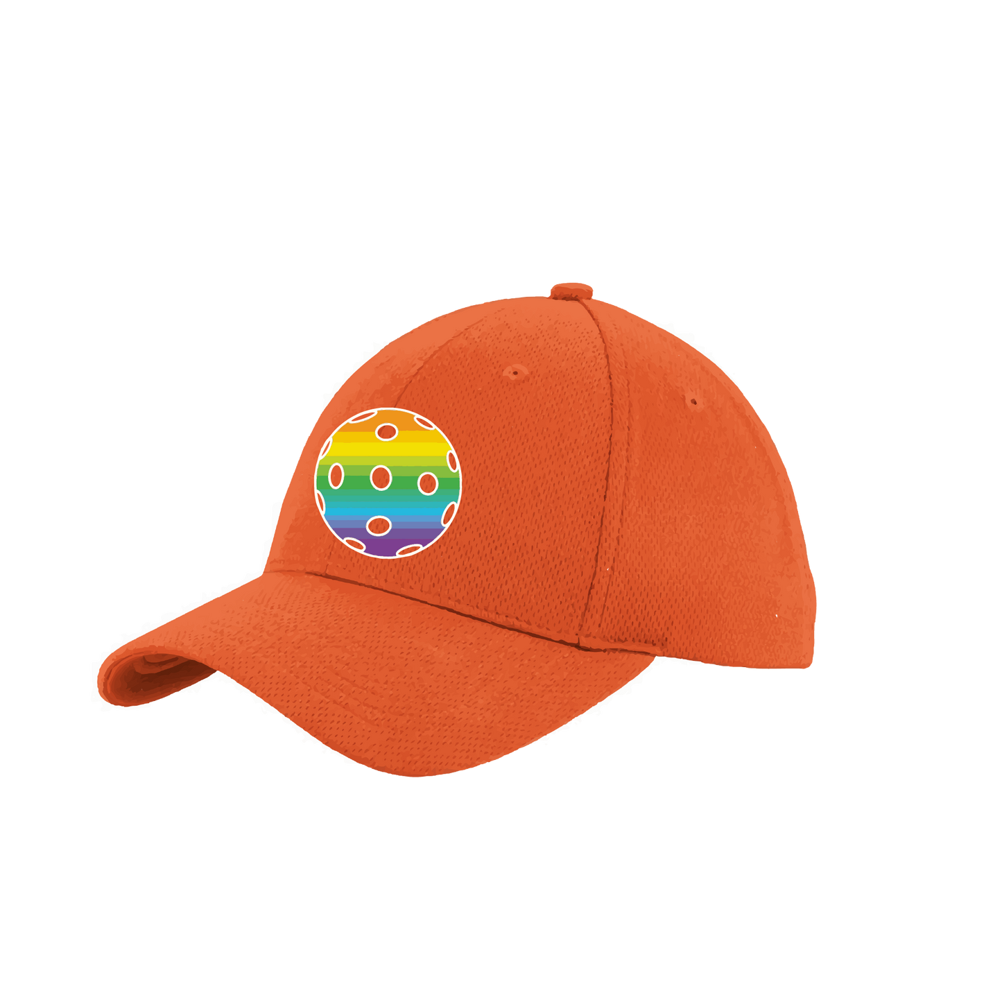 Pickleball Hat Design: Rainbow Ball  This fun pickleball hat is the perfect accessory for all pickleball players needing to keep their focus on the game and not the sun. The moisture-wicking material is made of 100% polyester with closed-hole flat back mesh and PosiCharge Technology. The back closure is a hock and loop style made to adjust to every adult.