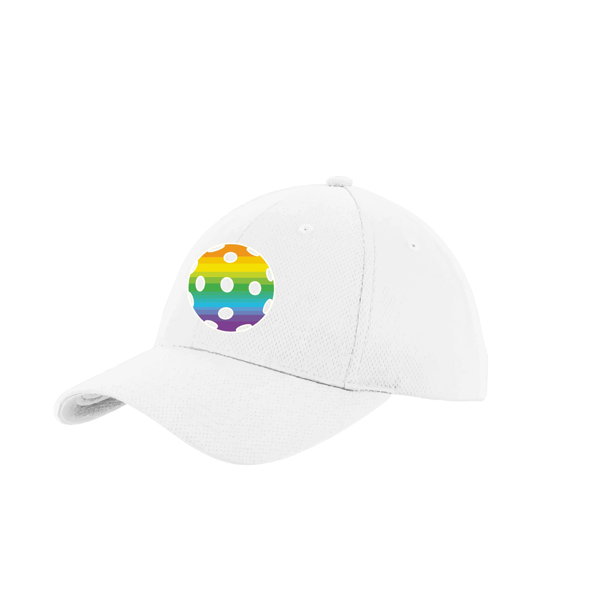 Pickleball Hat Design: Rainbow Ball  This fun pickleball hat is the perfect accessory for all pickleball players needing to keep their focus on the game and not the sun. The moisture-wicking material is made of 100% polyester with closed-hole flat back mesh and PosiCharge Technology. The back closure is a hock and loop style made to adjust to every adult.