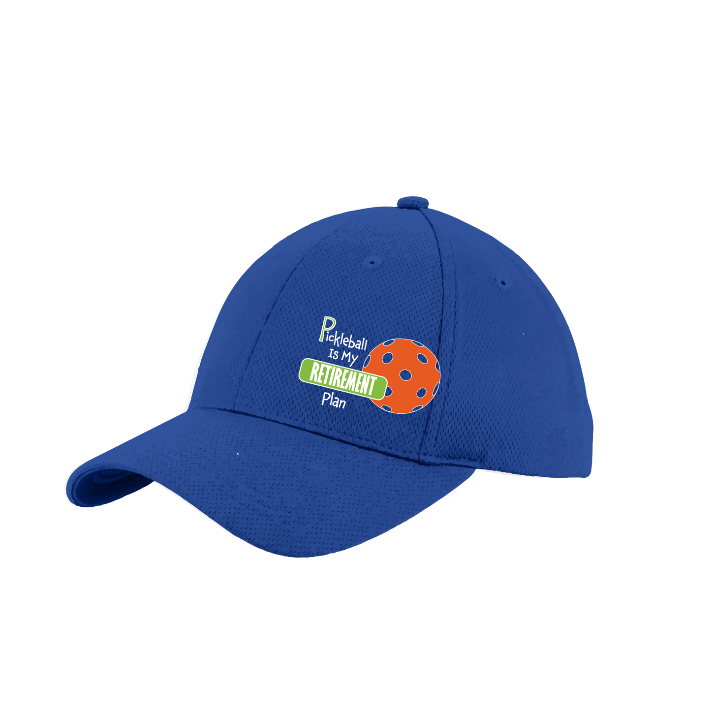 Pickleball Hat Design: Pickleball is my Retirement Plan  This fun pickleball hat is the perfect accessory for all pickleball players needing to keep their focus on the game and not the sun. The moisture-wicking material is made of 100% polyester with closed-hole flat back mesh and PosiCharge Technology. The back closure is a hock and loop style made to adjust to every adult.