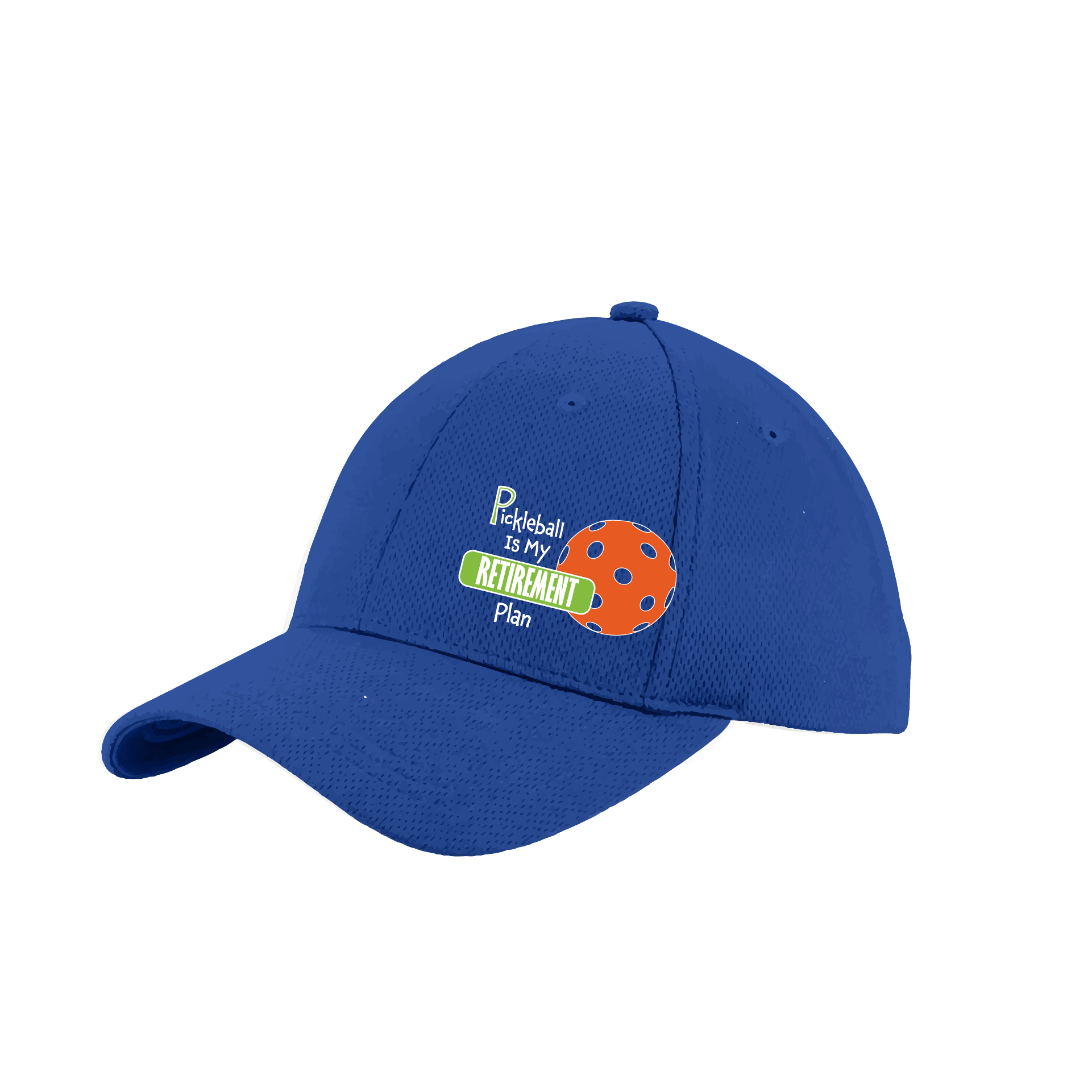 Pickleball Hat Design: Pickleball is my Retirement Plan  This fun pickleball hat is the perfect accessory for all pickleball players needing to keep their focus on the game and not the sun. The moisture-wicking material is made of 100% polyester with closed-hole flat back mesh and PosiCharge Technology. The back closure is a hock and loop style made to adjust to every adult.