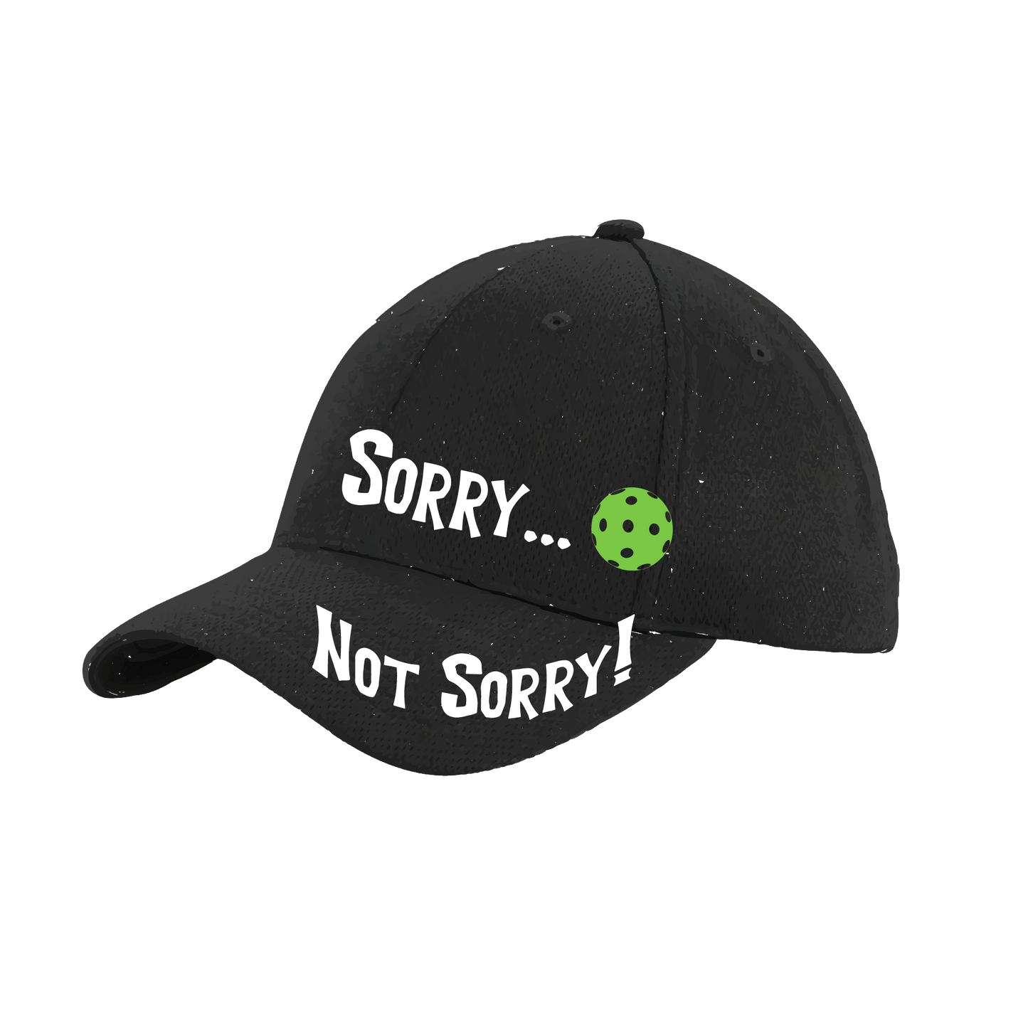 Pickleball Hat Design: Sorry...Not Sorry with Customizable Ball Color  This fun pickleball hat is the perfect accessory for all pickleball players needing to keep their focus on the game and not the sun. The moisture-wicking material is made of 100% polyester with closed-hole flat back mesh and PosiCharge Technology. The back closure is a hock and loop style made to adjust to every adult.