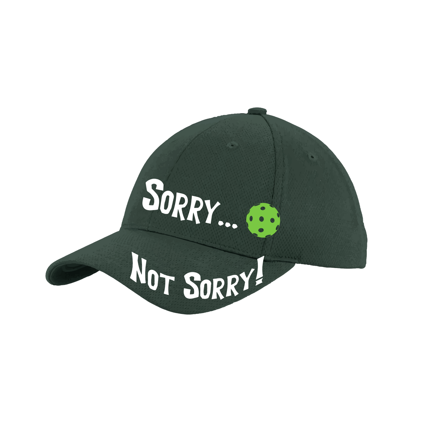 Pickleball Hat Design: Sorry...Not Sorry with Customizable Ball Color  This fun pickleball hat is the perfect accessory for all pickleball players needing to keep their focus on the game and not the sun. The moisture-wicking material is made of 100% polyester with closed-hole flat back mesh and PosiCharge Technology. The back closure is a hock and loop style made to adjust to every adult.