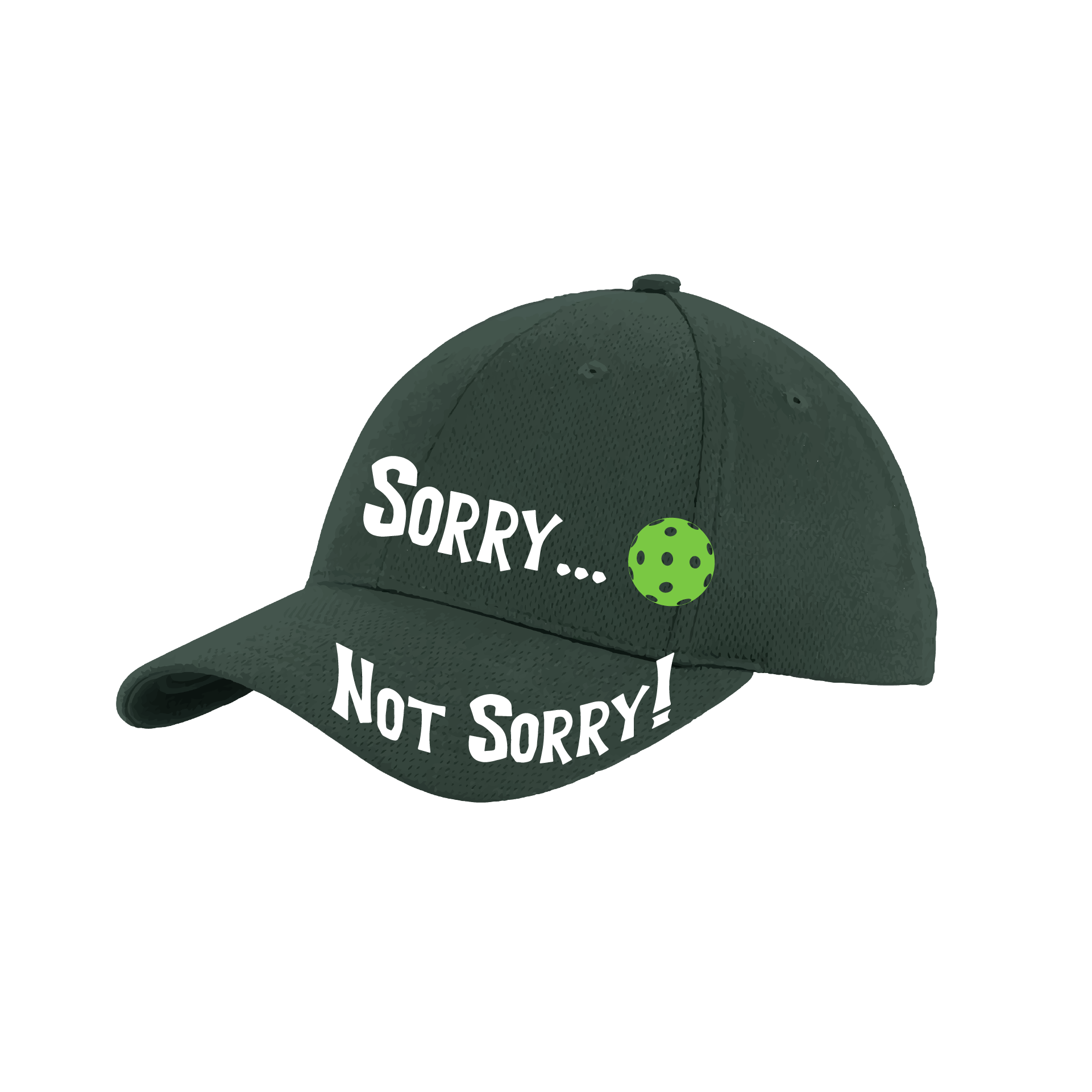 Pickleball Hat Design: Sorry...Not Sorry with Customizable Ball Color  This fun pickleball hat is the perfect accessory for all pickleball players needing to keep their focus on the game and not the sun. The moisture-wicking material is made of 100% polyester with closed-hole flat back mesh and PosiCharge Technology. The back closure is a hock and loop style made to adjust to every adult.