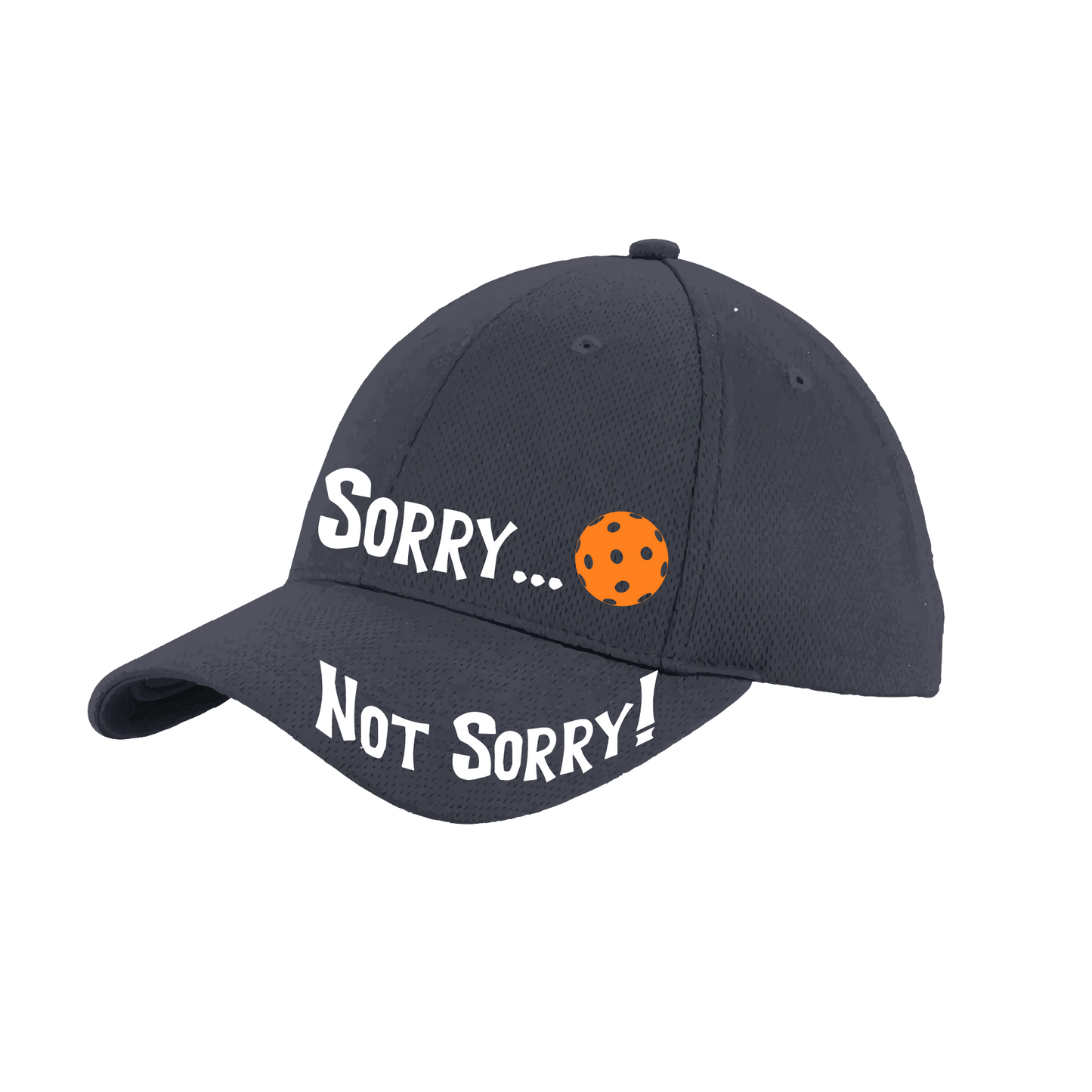Pickleball Hat Design: Sorry...Not Sorry with Customizable Ball Color  This fun pickleball hat is the perfect accessory for all pickleball players needing to keep their focus on the game and not the sun. The moisture-wicking material is made of 100% polyester with closed-hole flat back mesh and PosiCharge Technology. The back closure is a hock and loop style made to adjust to every adult.