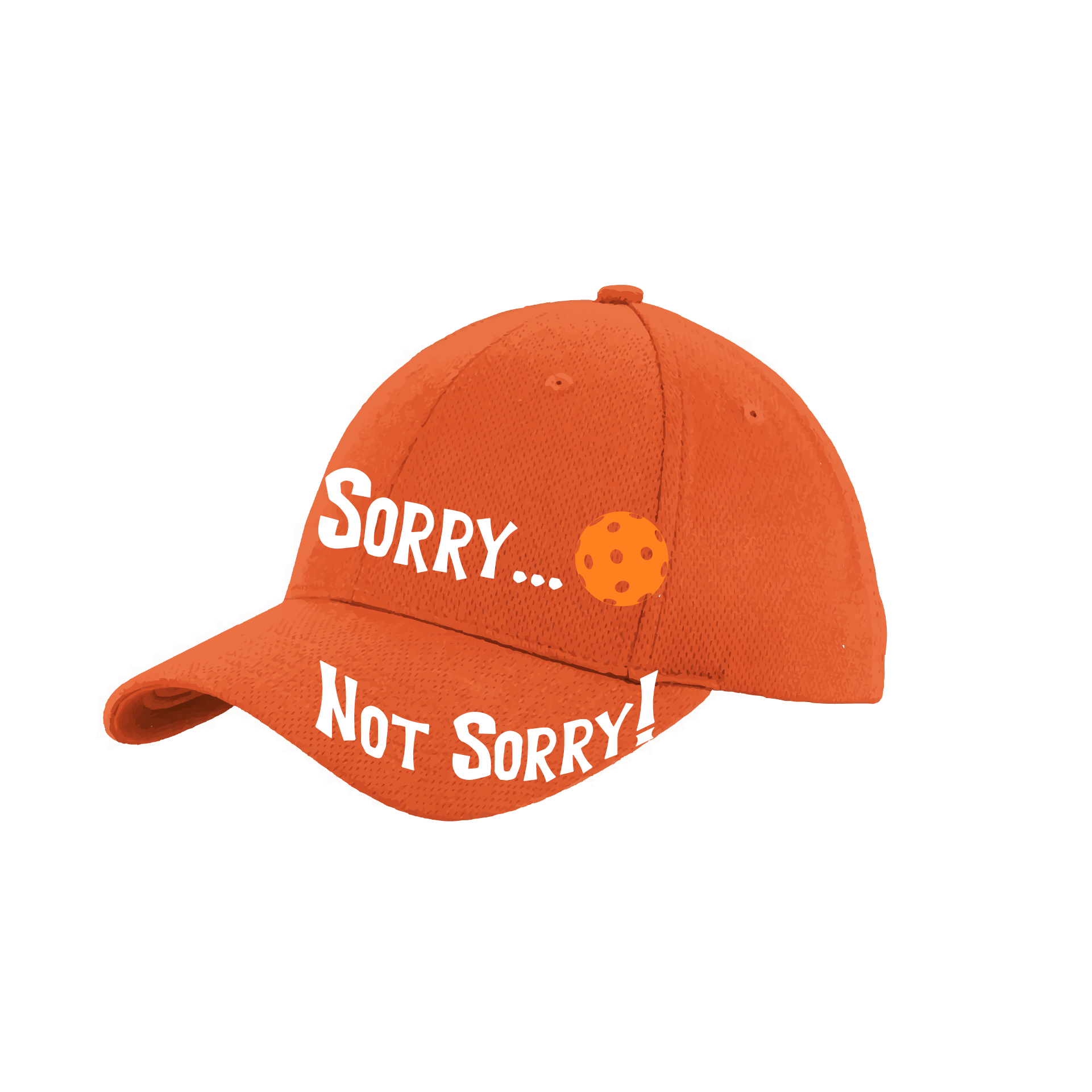 Pickleball Hat Design: Sorry...Not Sorry with Customizable Ball Color  This fun pickleball hat is the perfect accessory for all pickleball players needing to keep their focus on the game and not the sun. The moisture-wicking material is made of 100% polyester with closed-hole flat back mesh and PosiCharge Technology. The back closure is a hock and loop style made to adjust to every adult.