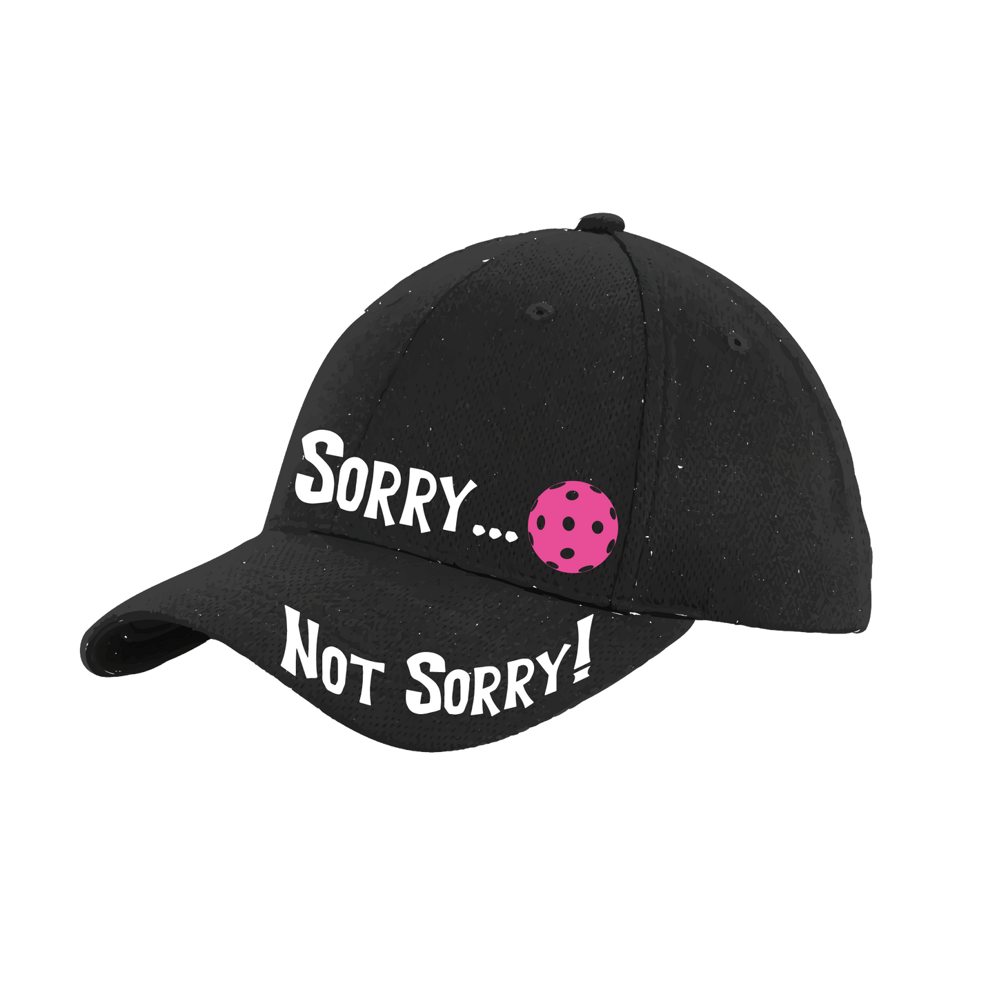 Pickleball Hat Design: Sorry...Not Sorry with Customizable Ball Color  This fun pickleball hat is the perfect accessory for all pickleball players needing to keep their focus on the game and not the sun. The moisture-wicking material is made of 100% polyester with closed-hole flat back mesh and PosiCharge Technology. The back closure is a hock and loop style made to adjust to every adult.