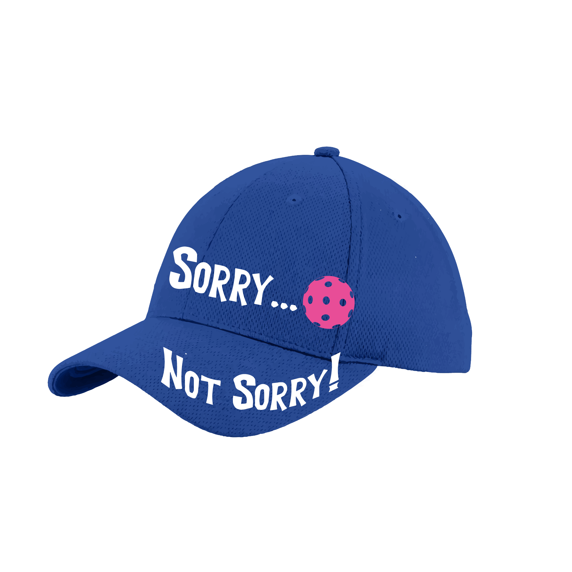 Pickleball Hat Design: Sorry...Not Sorry with Customizable Ball Color  This fun pickleball hat is the perfect accessory for all pickleball players needing to keep their focus on the game and not the sun. The moisture-wicking material is made of 100% polyester with closed-hole flat back mesh and PosiCharge Technology. The back closure is a hock and loop style made to adjust to every adult.