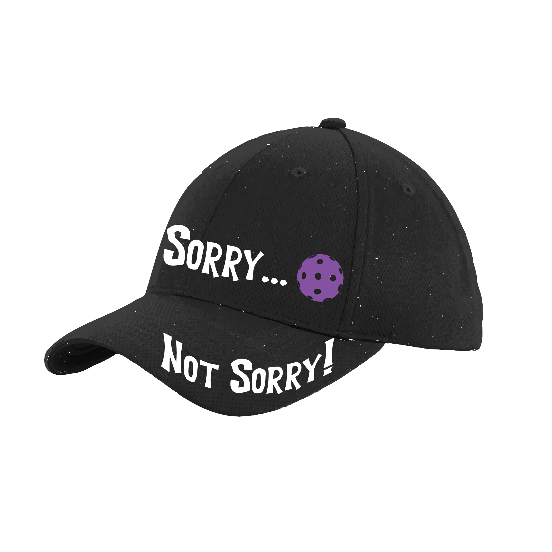 Pickleball Hat Design: Sorry...Not Sorry with Customizable Ball Color  This fun pickleball hat is the perfect accessory for all pickleball players needing to keep their focus on the game and not the sun. The moisture-wicking material is made of 100% polyester with closed-hole flat back mesh and PosiCharge Technology. The back closure is a hock and loop style made to adjust to every adult.