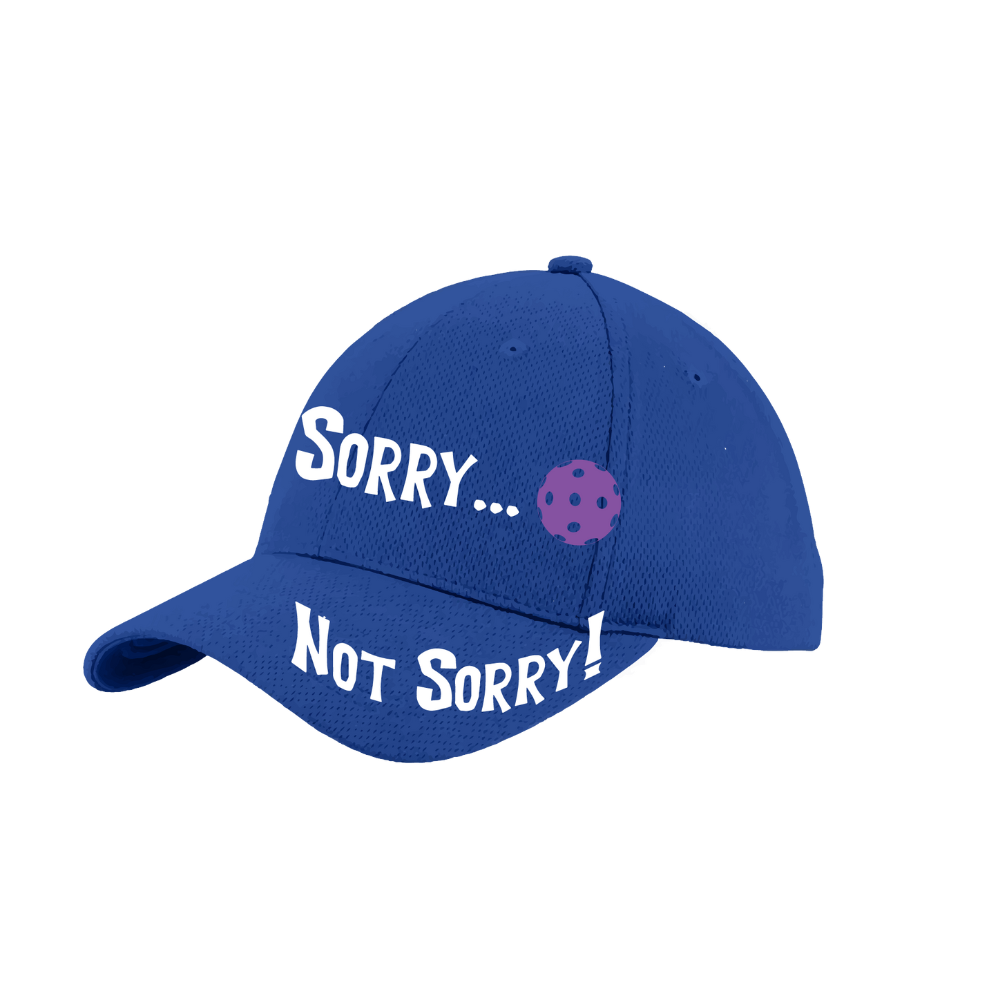 Pickleball Hat Design: Sorry...Not Sorry with Customizable Ball Color  This fun pickleball hat is the perfect accessory for all pickleball players needing to keep their focus on the game and not the sun. The moisture-wicking material is made of 100% polyester with closed-hole flat back mesh and PosiCharge Technology. The back closure is a hock and loop style made to adjust to every adult.