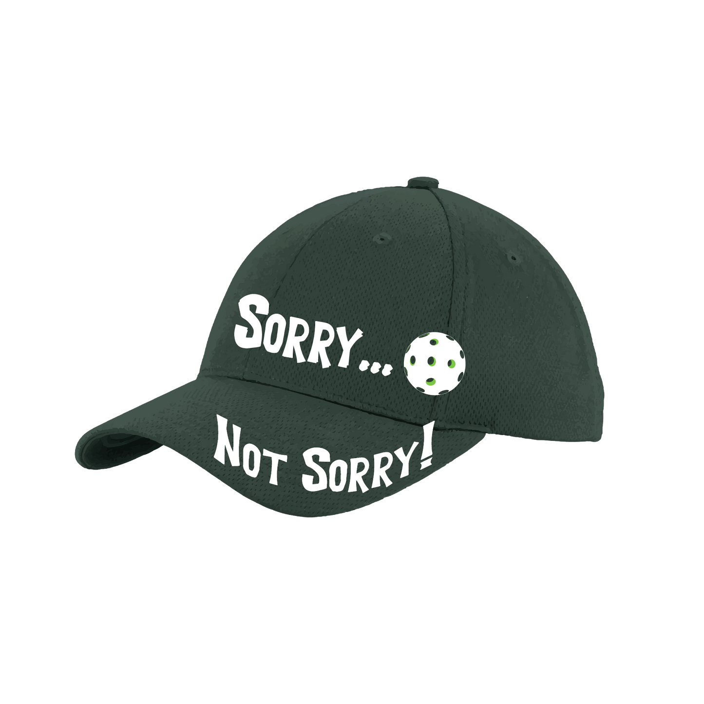 Pickleball Hat Design: Sorry...Not Sorry with Customizable Ball Color  This fun pickleball hat is the perfect accessory for all pickleball players needing to keep their focus on the game and not the sun. The moisture-wicking material is made of 100% polyester with closed-hole flat back mesh and PosiCharge Technology. The back closure is a hock and loop style made to adjust to every adult.