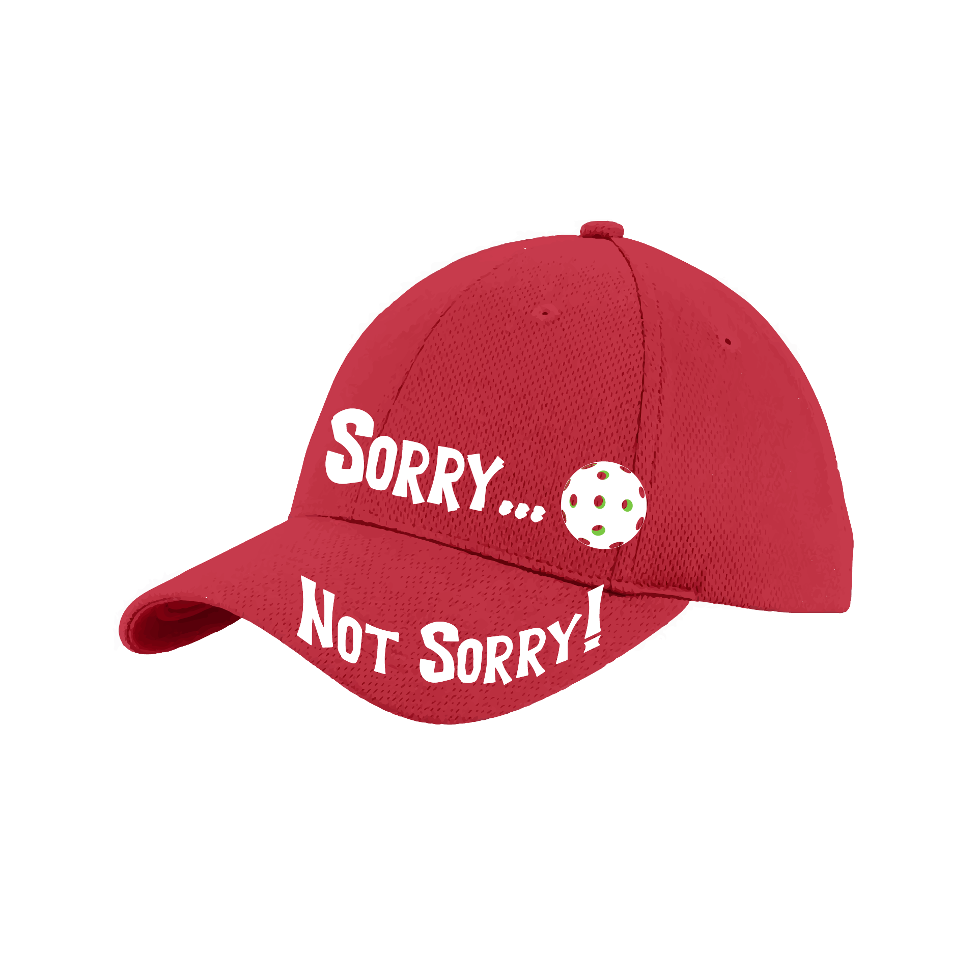 Pickleball Hat Design: Sorry...Not Sorry with Customizable Ball Color  This fun pickleball hat is the perfect accessory for all pickleball players needing to keep their focus on the game and not the sun. The moisture-wicking material is made of 100% polyester with closed-hole flat back mesh and PosiCharge Technology. The back closure is a hock and loop style made to adjust to every adult.