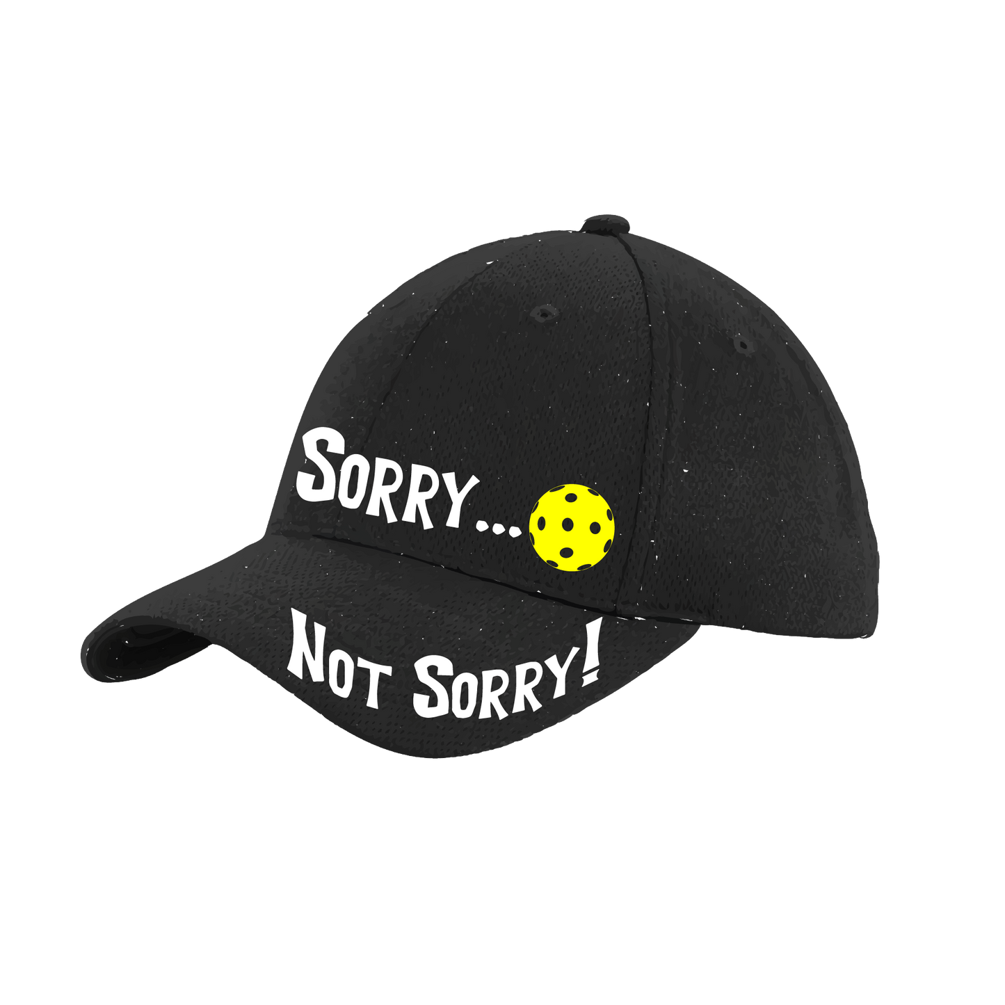 Pickleball Hat Design: Sorry...Not Sorry with Customizable Ball Color  This fun pickleball hat is the perfect accessory for all pickleball players needing to keep their focus on the game and not the sun. The moisture-wicking material is made of 100% polyester with closed-hole flat back mesh and PosiCharge Technology. The back closure is a hock and loop style made to adjust to every adult.
