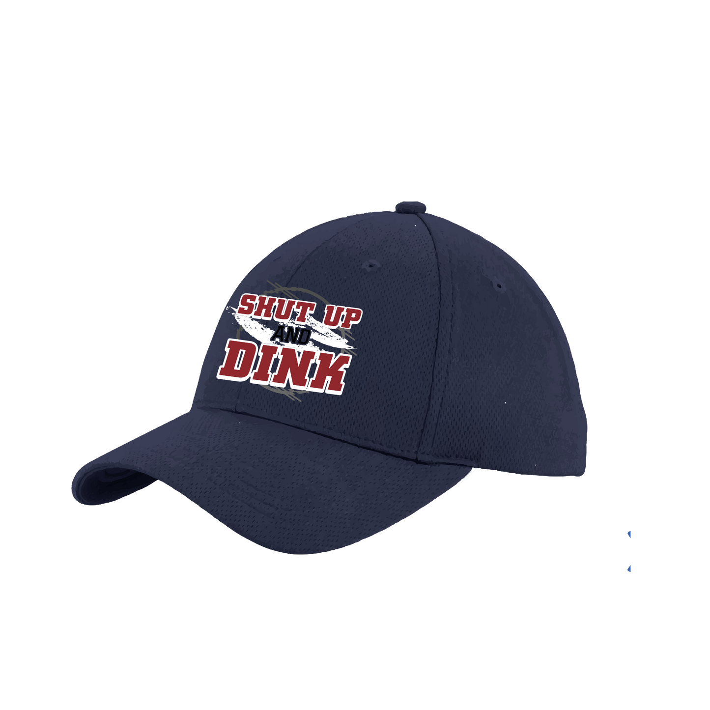 Pickleball Design: Shut Up & Dink  This fun pickleball hat is the perfect accessory for all pickleball players needing to keep their focus on the game and not the sun. The moisture-wicking material is made of 100% polyester with closed-hole flat back mesh and PosiCharge Technology. The back closure is a hock and loop style made to adjust to every adult.