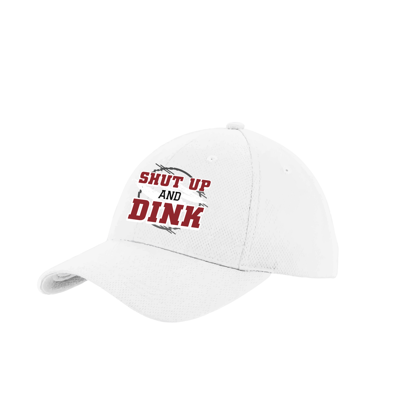 Pickleball Design: Shut Up & Dink  This fun pickleball hat is the perfect accessory for all pickleball players needing to keep their focus on the game and not the sun. The moisture-wicking material is made of 100% polyester with closed-hole flat back mesh and PosiCharge Technology. The back closure is a hock and loop style made to adjust to every adult.
