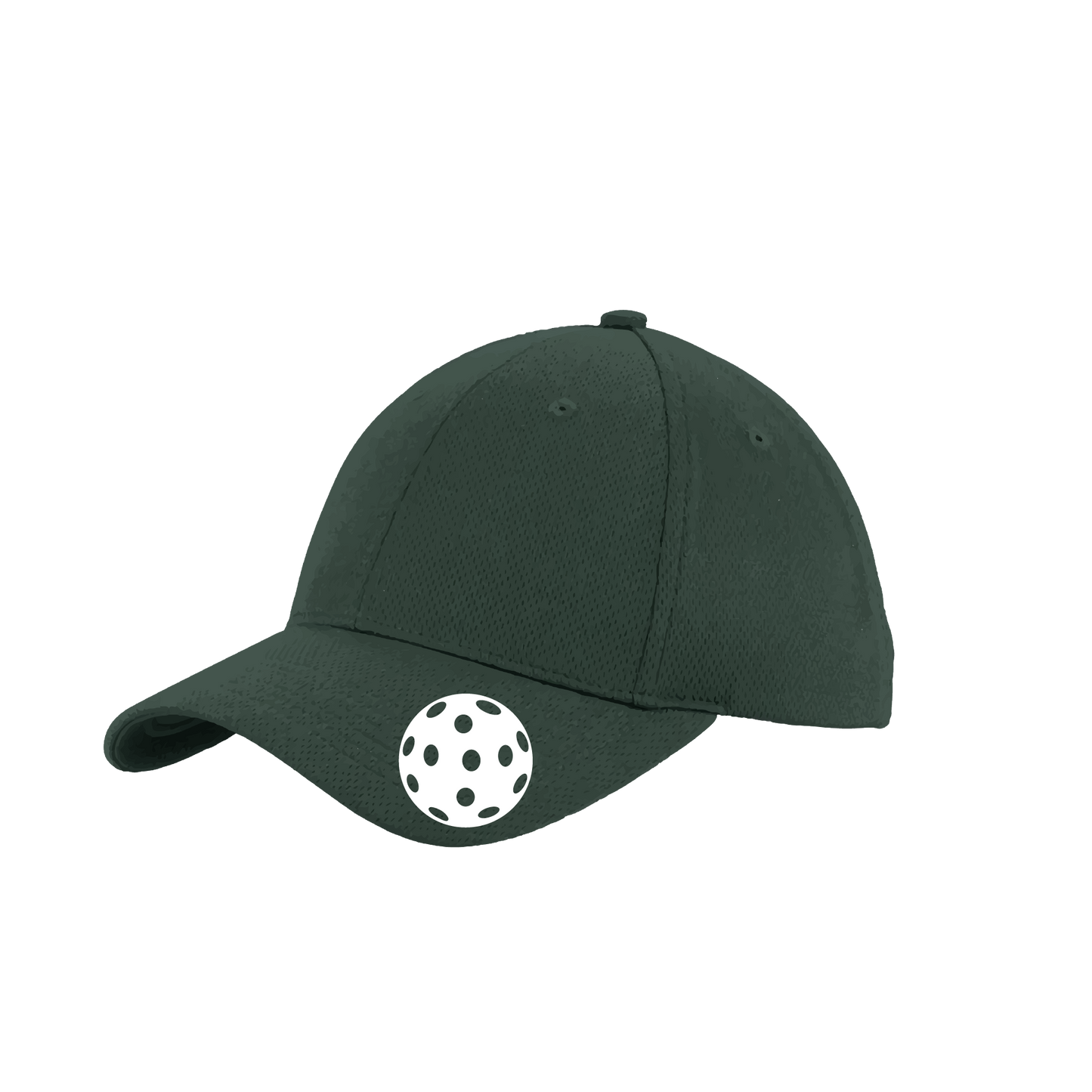 Pickleball Hat Design: White Ball  This fun pickleball hat is the perfect accessory for all pickleball players needing to keep their focus on the game and not the sun. The moisture-wicking material is made of 100% polyester with closed-hole flat back mesh and PosiCharge Technology. The back closure is a hock and loop style made to adjust to every adult.