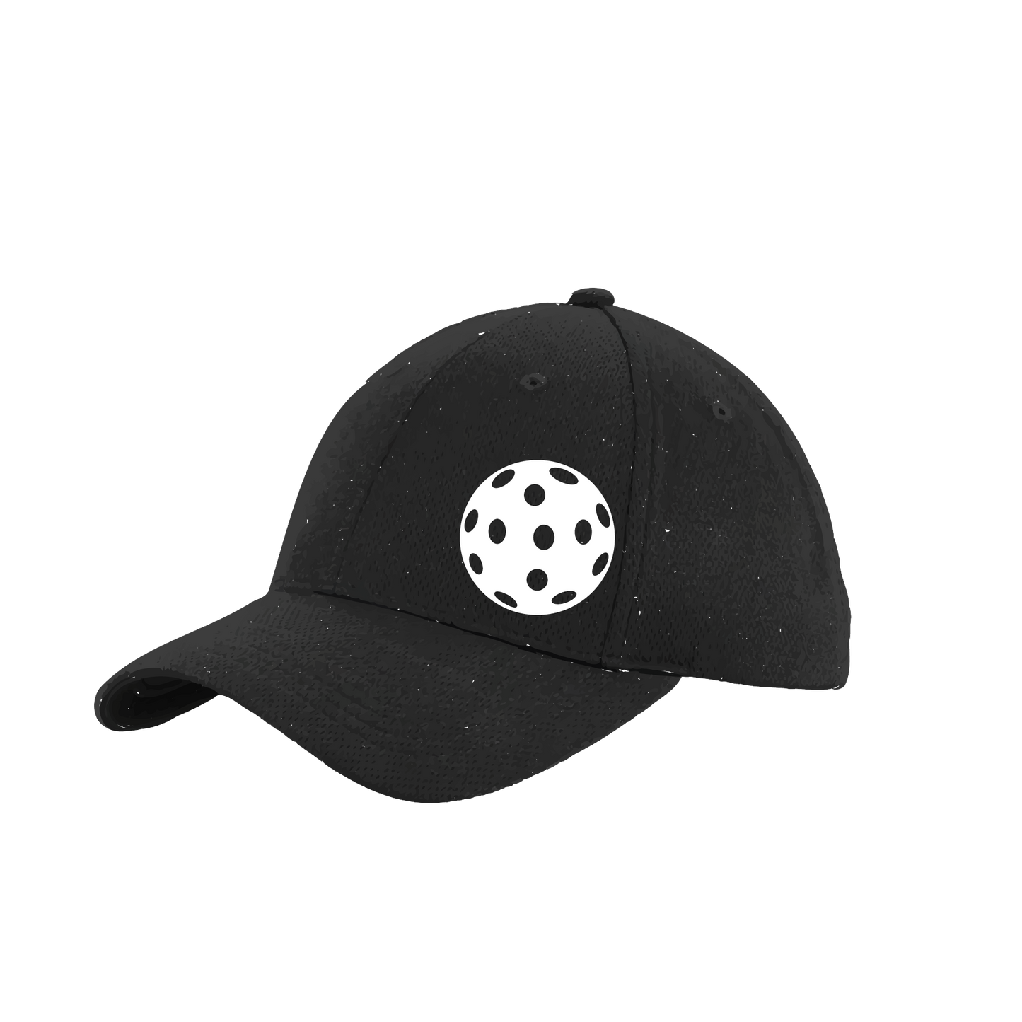 Pickleball Hat Design: White Ball  This fun pickleball hat is the perfect accessory for all pickleball players needing to keep their focus on the game and not the sun. The moisture-wicking material is made of 100% polyester with closed-hole flat back mesh and PosiCharge Technology. The back closure is a hock and loop style made to adjust to every adult.