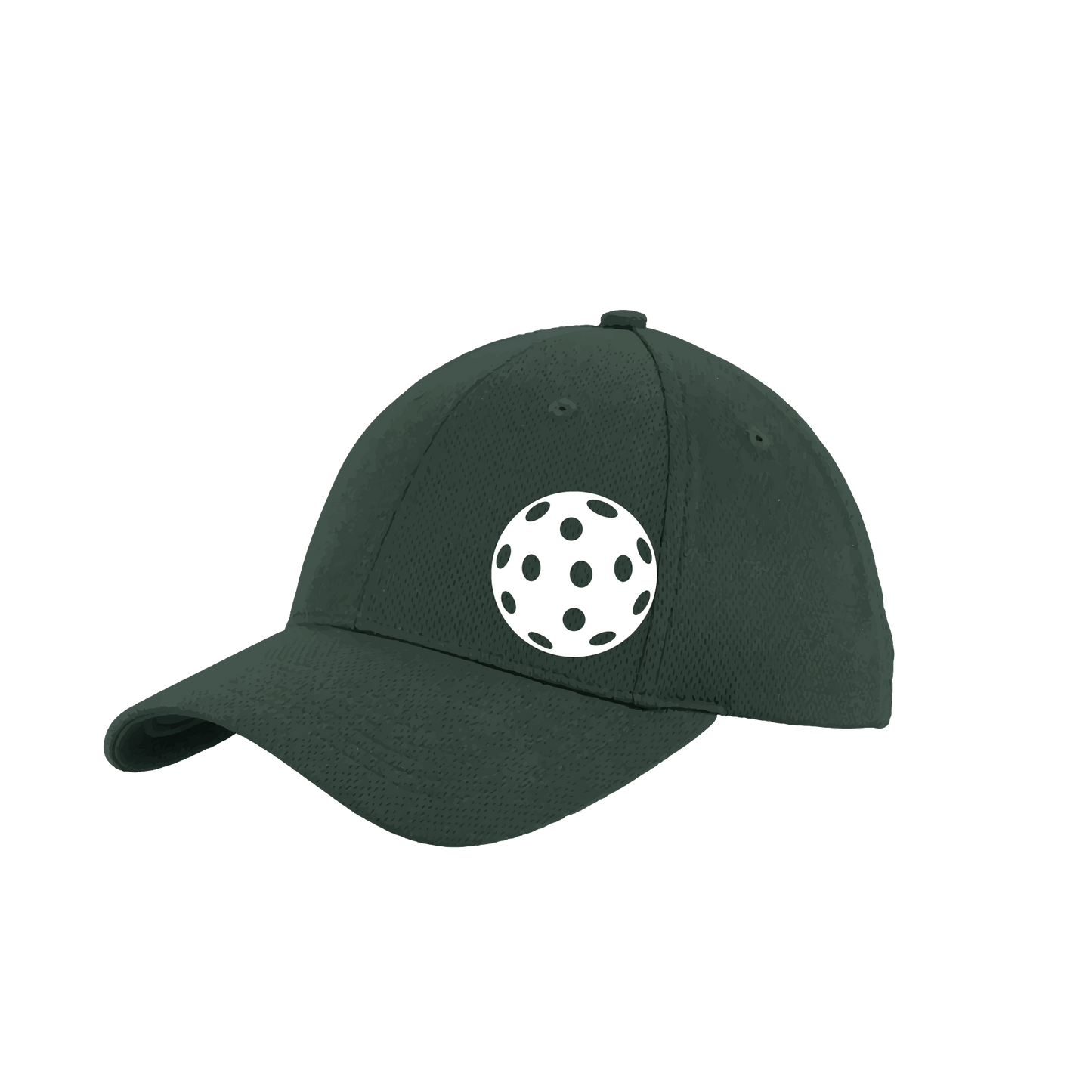 Pickleball Hat Design: White Ball  This fun pickleball hat is the perfect accessory for all pickleball players needing to keep their focus on the game and not the sun. The moisture-wicking material is made of 100% polyester with closed-hole flat back mesh and PosiCharge Technology. The back closure is a hock and loop style made to adjust to every adult.