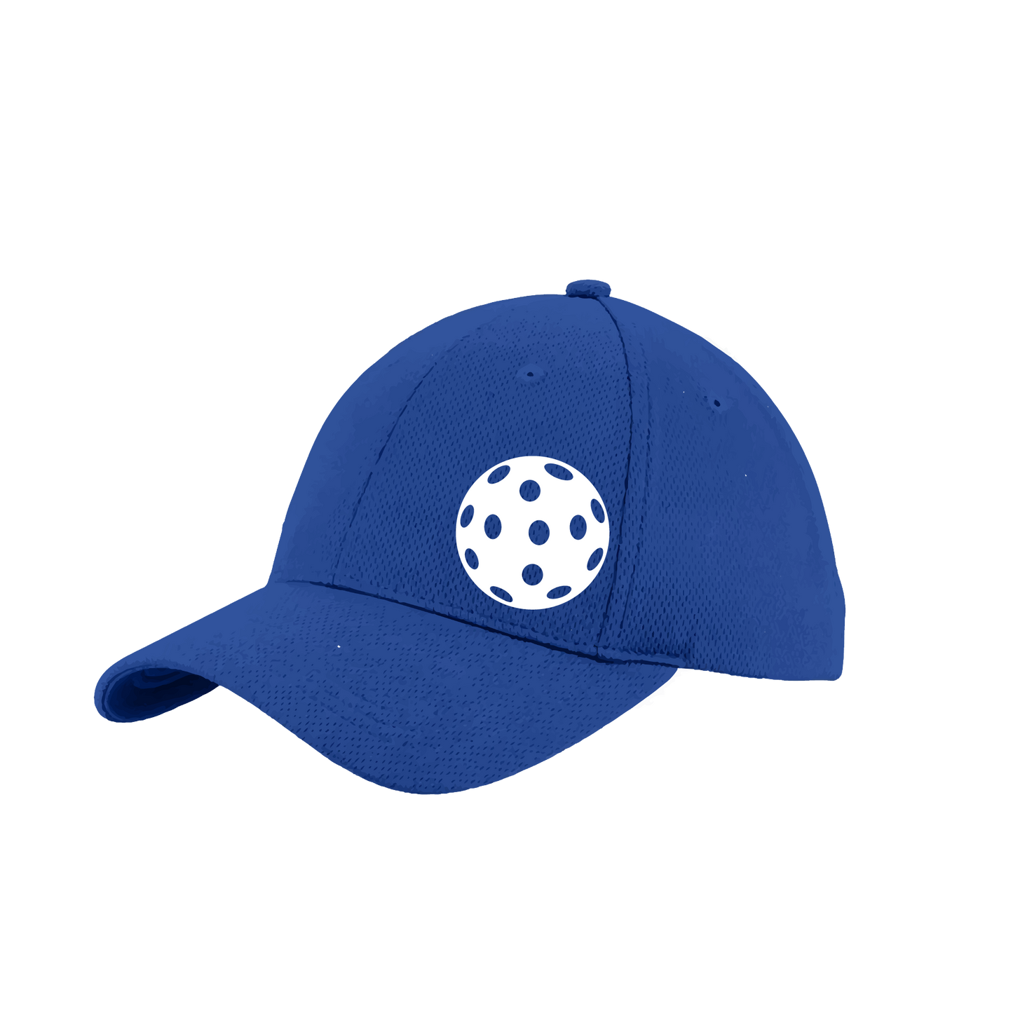 Pickleball Hat Design: White Ball  This fun pickleball hat is the perfect accessory for all pickleball players needing to keep their focus on the game and not the sun. The moisture-wicking material is made of 100% polyester with closed-hole flat back mesh and PosiCharge Technology. The back closure is a hock and loop style made to adjust to every adult.