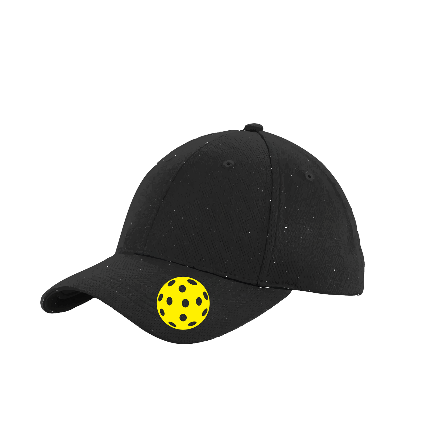 Pickleball Hat Design: Yellow Ball.   This fun pickleball hat is the perfect accessory for all pickleball players needing to keep their focus on the game and not the sun. The moisture-wicking material is made of 100% polyester with closed-hole flat back mesh and PosiCharge Technology. The back closure is a hock and loop style made to adjust to every adult.