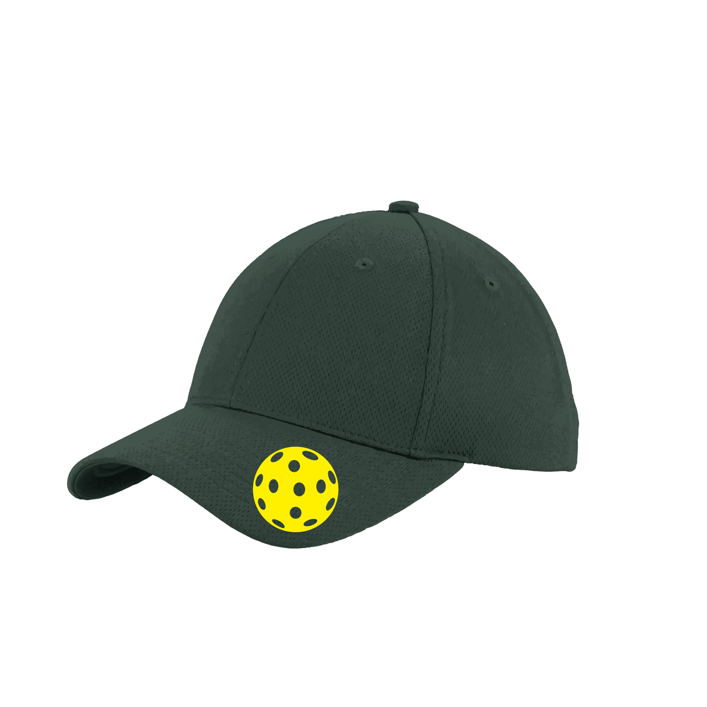 Pickleball Hat Design: Yellow Ball.   This fun pickleball hat is the perfect accessory for all pickleball players needing to keep their focus on the game and not the sun. The moisture-wicking material is made of 100% polyester with closed-hole flat back mesh and PosiCharge Technology. The back closure is a hock and loop style made to adjust to every adult.