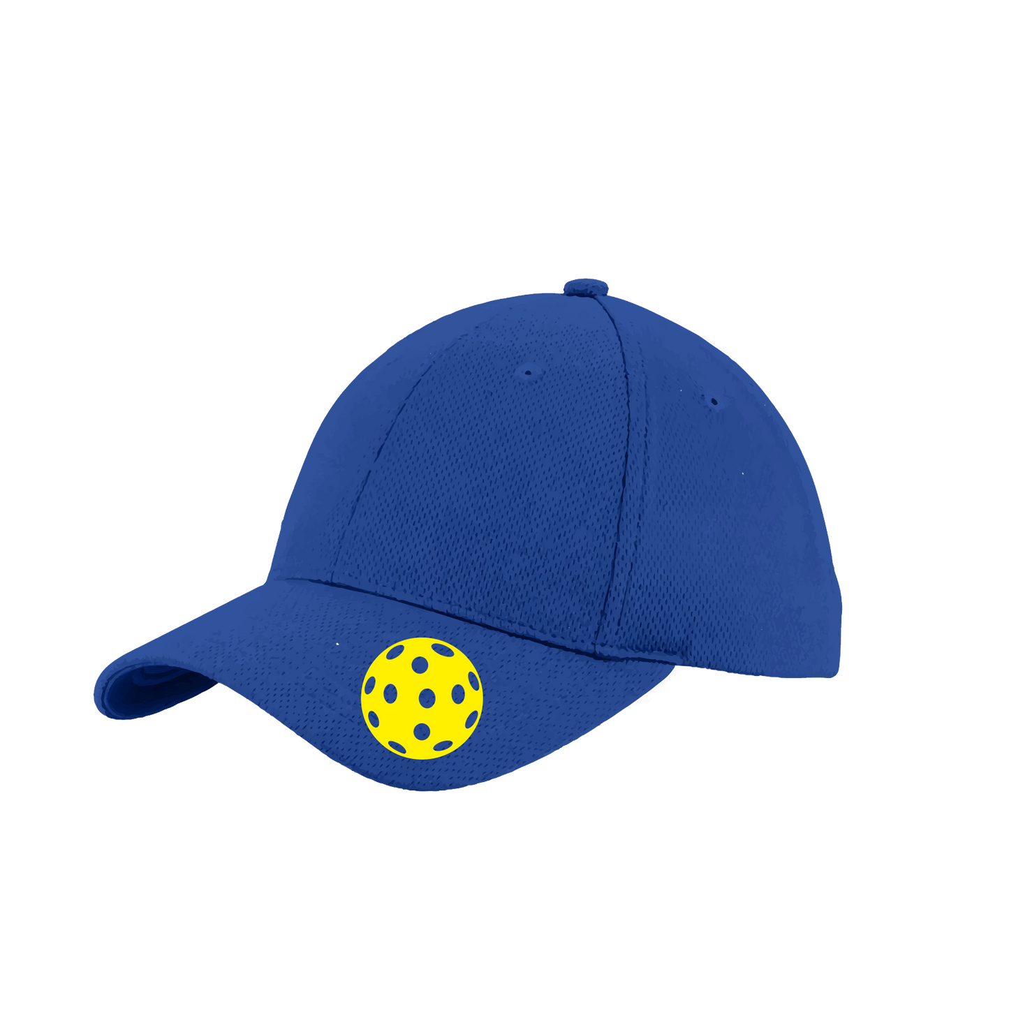 Pickleball Hat Design: Yellow Ball.   This fun pickleball hat is the perfect accessory for all pickleball players needing to keep their focus on the game and not the sun. The moisture-wicking material is made of 100% polyester with closed-hole flat back mesh and PosiCharge Technology. The back closure is a hock and loop style made to adjust to every adult.
