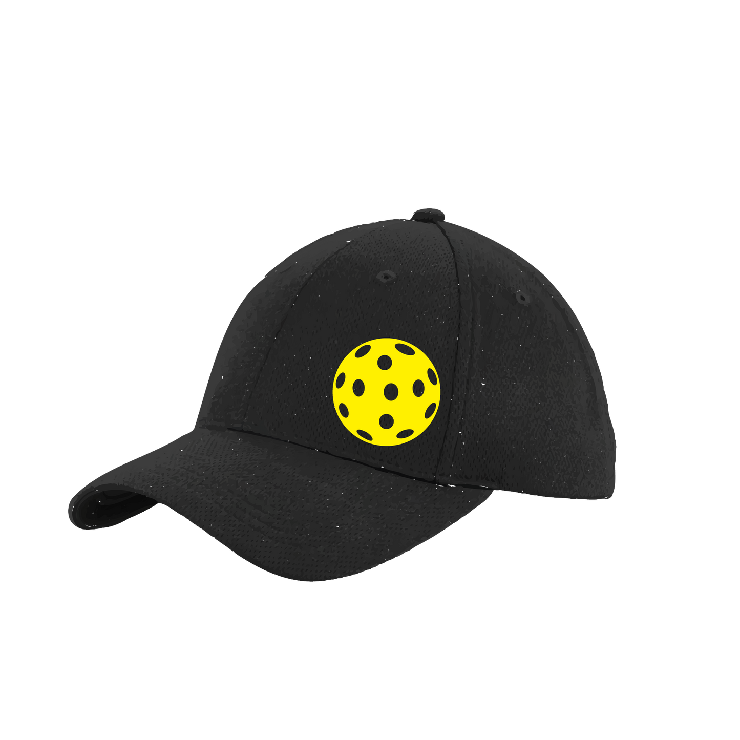 Pickleball Hat Design: Yellow Ball.   This fun pickleball hat is the perfect accessory for all pickleball players needing to keep their focus on the game and not the sun. The moisture-wicking material is made of 100% polyester with closed-hole flat back mesh and PosiCharge Technology. The back closure is a hock and loop style made to adjust to every adult.