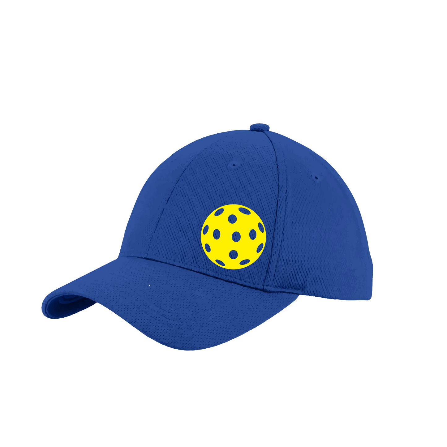 Pickleball Hat Design: Yellow Ball.   This fun pickleball hat is the perfect accessory for all pickleball players needing to keep their focus on the game and not the sun. The moisture-wicking material is made of 100% polyester with closed-hole flat back mesh and PosiCharge Technology. The back closure is a hock and loop style made to adjust to every adult.