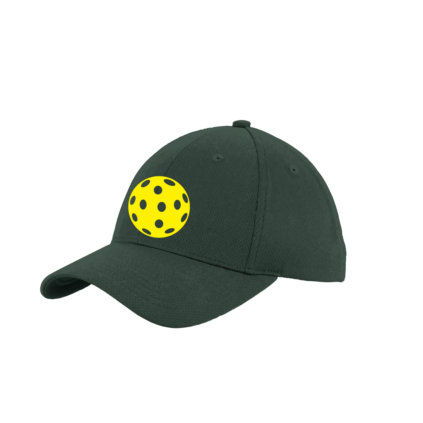 Pickleball Hat Design: Yellow Ball.   This fun pickleball hat is the perfect accessory for all pickleball players needing to keep their focus on the game and not the sun. The moisture-wicking material is made of 100% polyester with closed-hole flat back mesh and PosiCharge Technology. The back closure is a hock and loop style made to adjust to every adult.