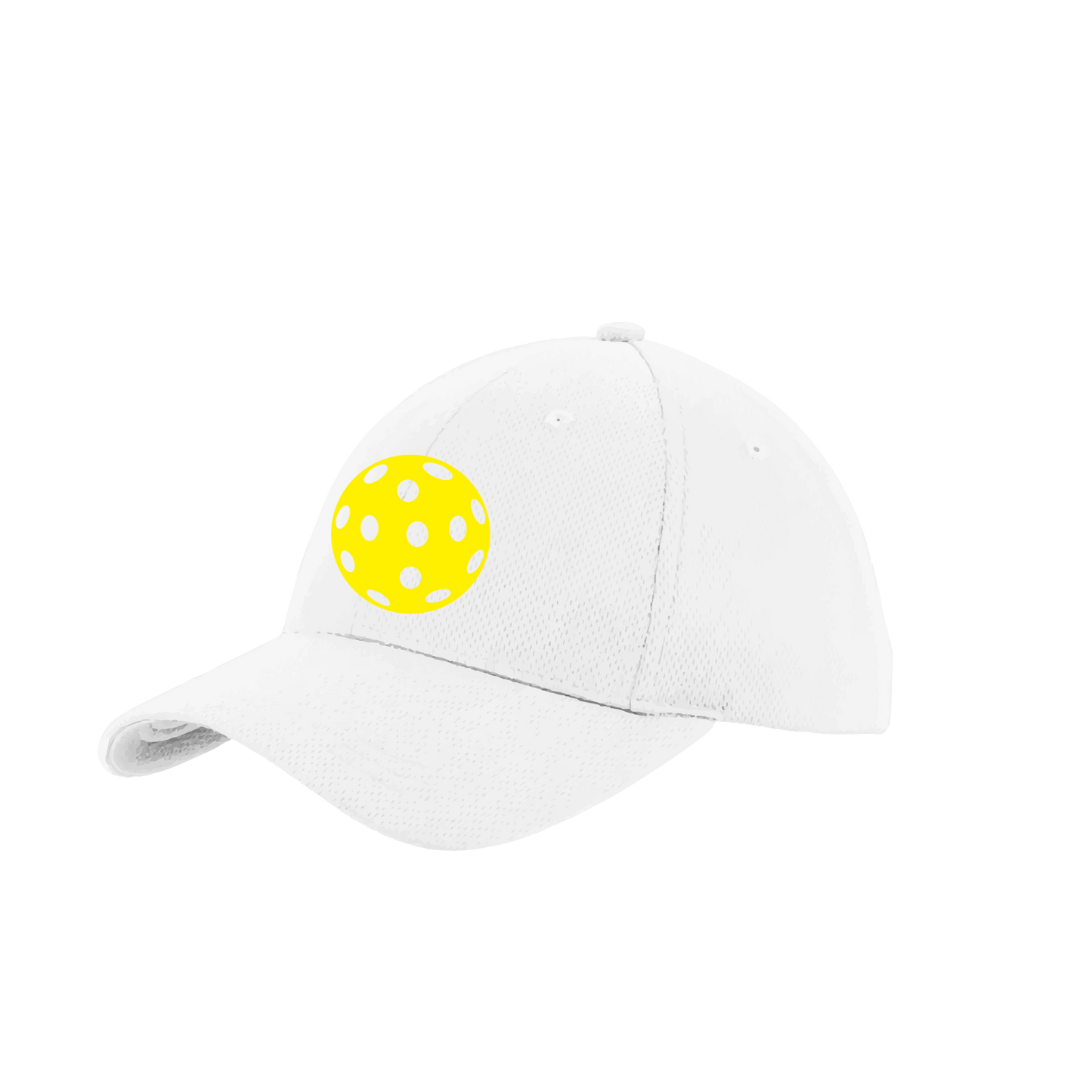 Pickleball Hat Design: Yellow Ball.   This fun pickleball hat is the perfect accessory for all pickleball players needing to keep their focus on the game and not the sun. The moisture-wicking material is made of 100% polyester with closed-hole flat back mesh and PosiCharge Technology. The back closure is a hock and loop style made to adjust to every adult.