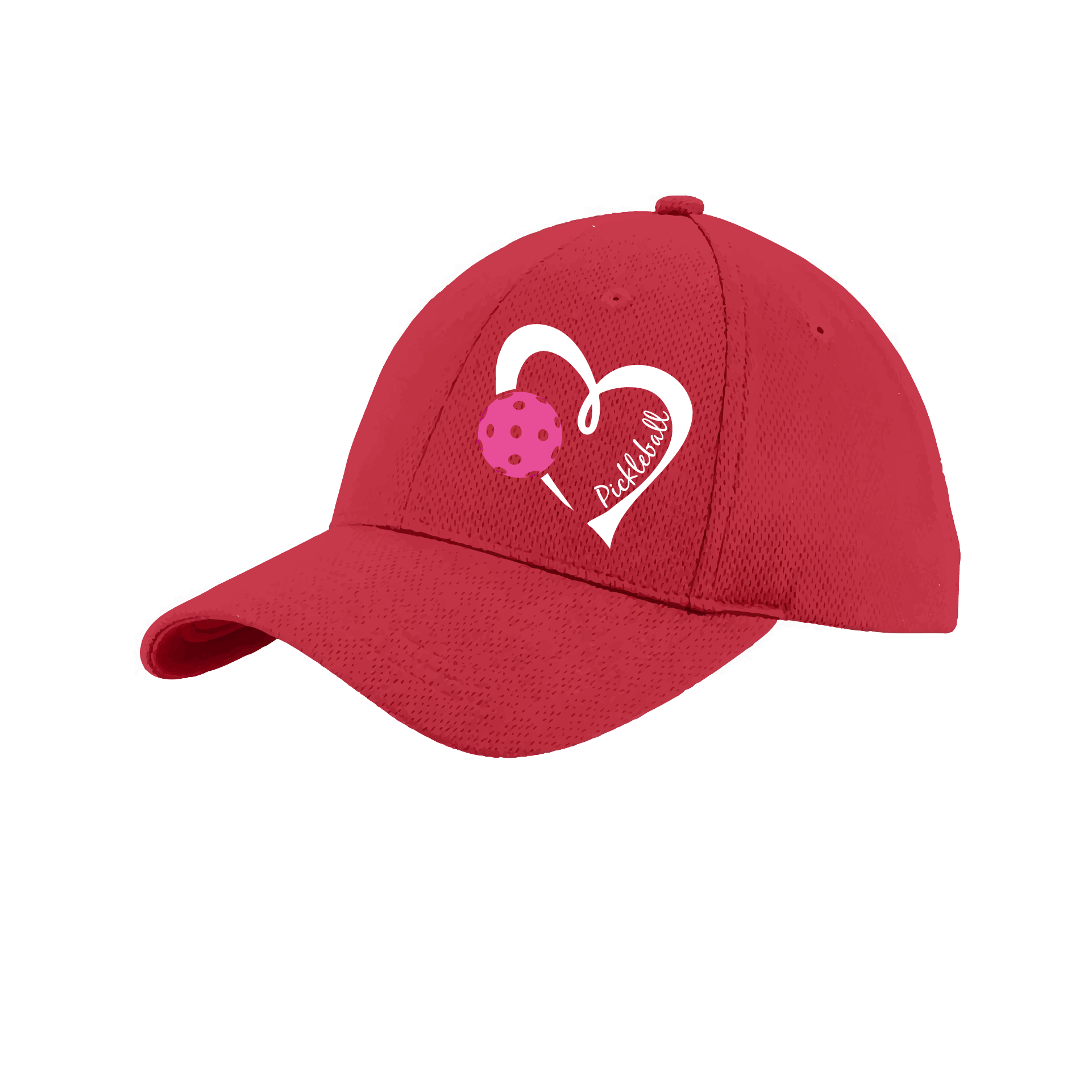 Pickleball Hat Design: Pickleball Heart  This fun pickleball hat is the perfect accessory for all pickleball players needing to keep their focus on the game and not the sun. The moisture-wicking material is made of 100% polyester with closed-hole flat back mesh and PosiCharge Technology. The back closure is a hock and loop style made to adjust to every adult.