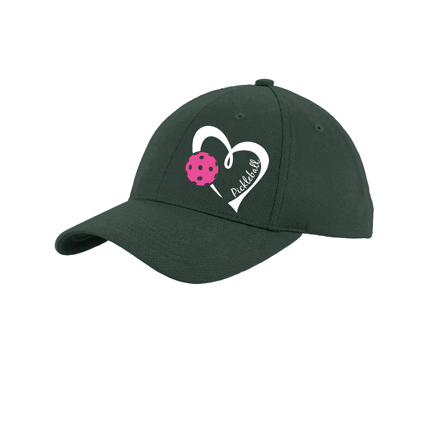 Pickleball Hat Design: Pickleball Heart  This fun pickleball hat is the perfect accessory for all pickleball players needing to keep their focus on the game and not the sun. The moisture-wicking material is made of 100% polyester with closed-hole flat back mesh and PosiCharge Technology. The back closure is a hock and loop style made to adjust to every adult.